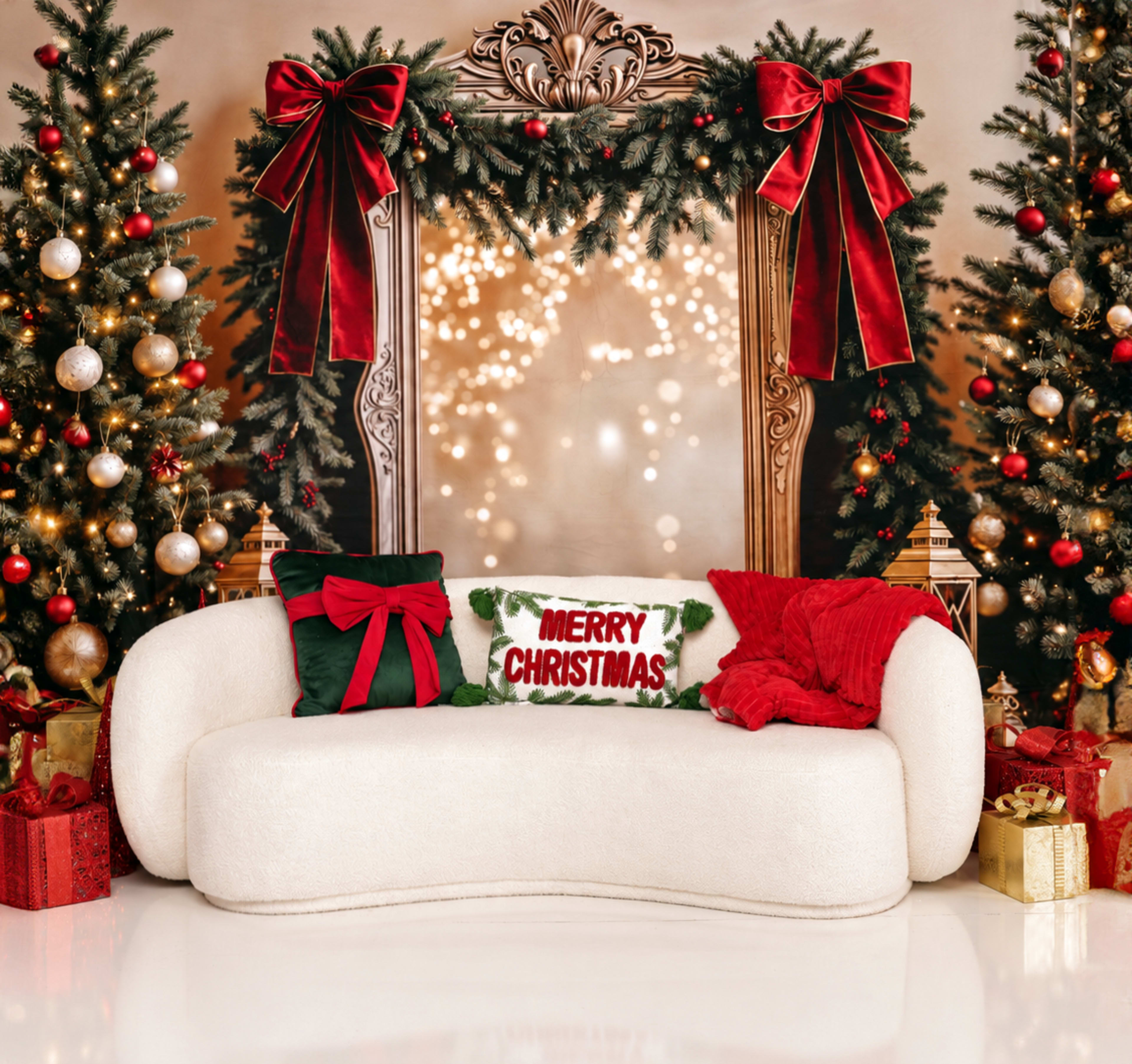 The image features a white, curved sofa adorned with festive pillows, positioned in front of a decorative backdrop of Christmas trees and a large framed mirror adorned with holiday ribbons.