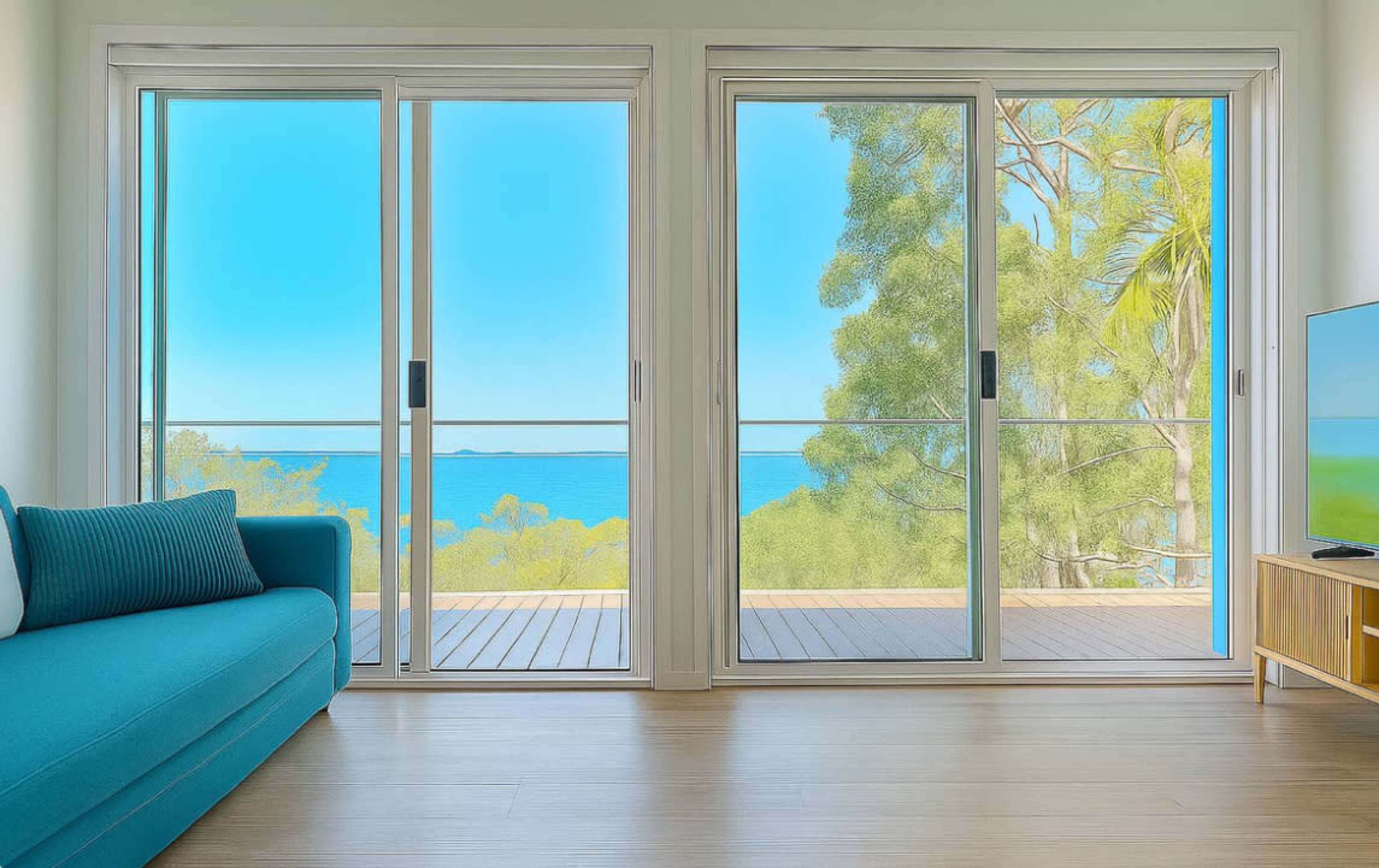A modern living room features a turquoise couch and large sliding glass doors that lead to a balcony with a view of the ocean and surrounding trees.
