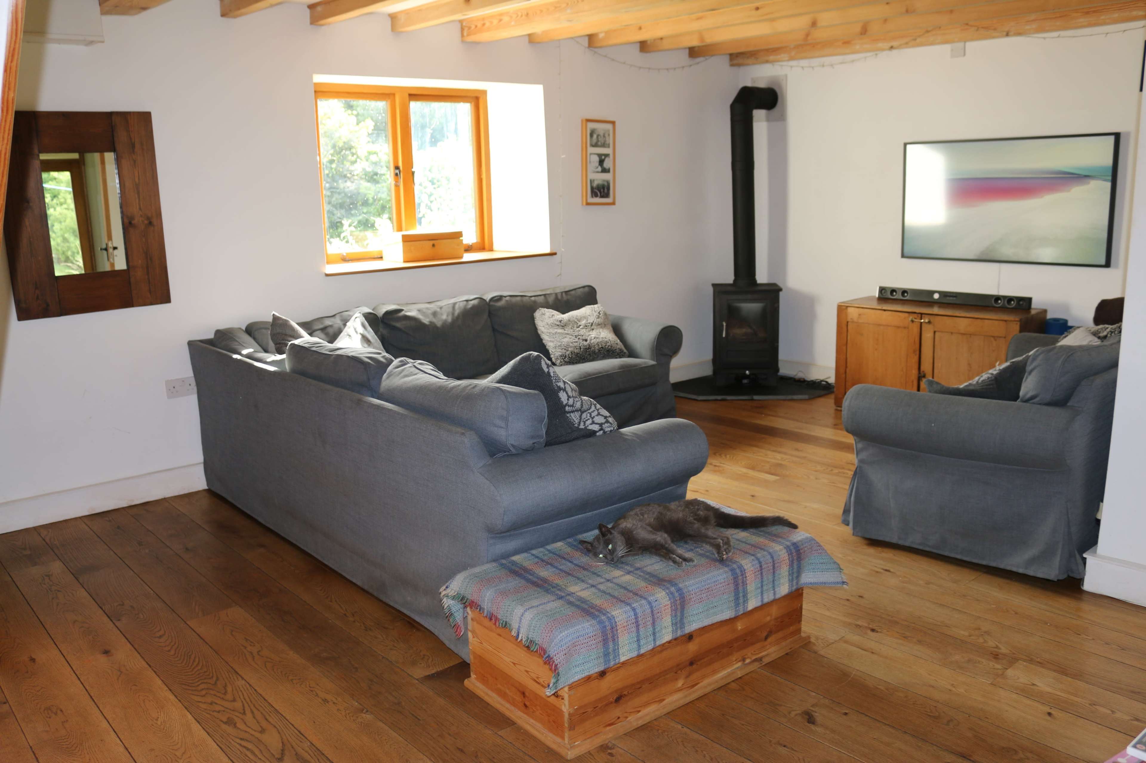The image shows a cozy living room with a gray sofa and armchair, a wood stove, a television, and a cat lying on a wooden bench covered with a plaid blanket.