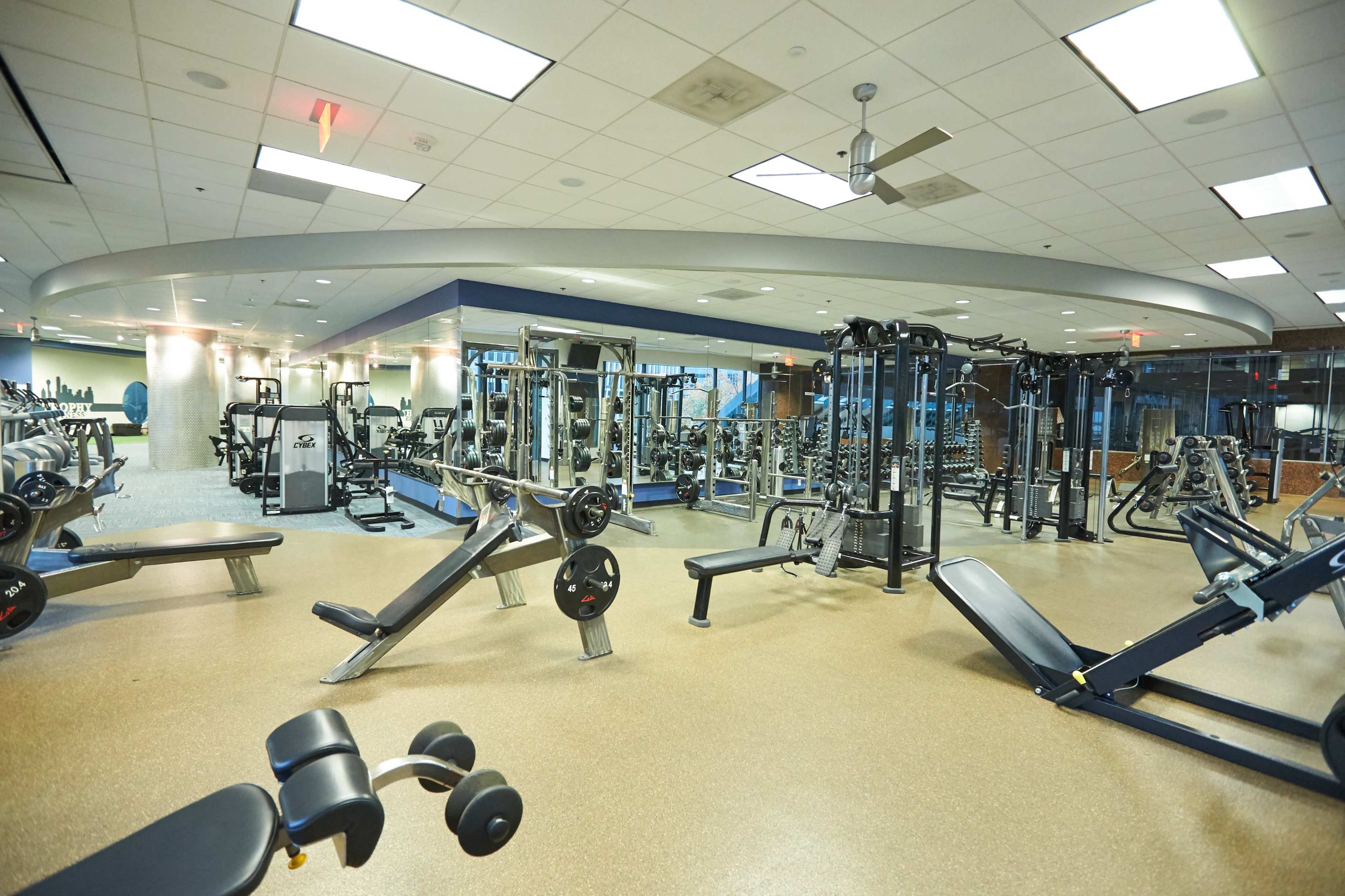 The image shows a spacious gym interior equipped with various workout machines and free weights arranged throughout the area.