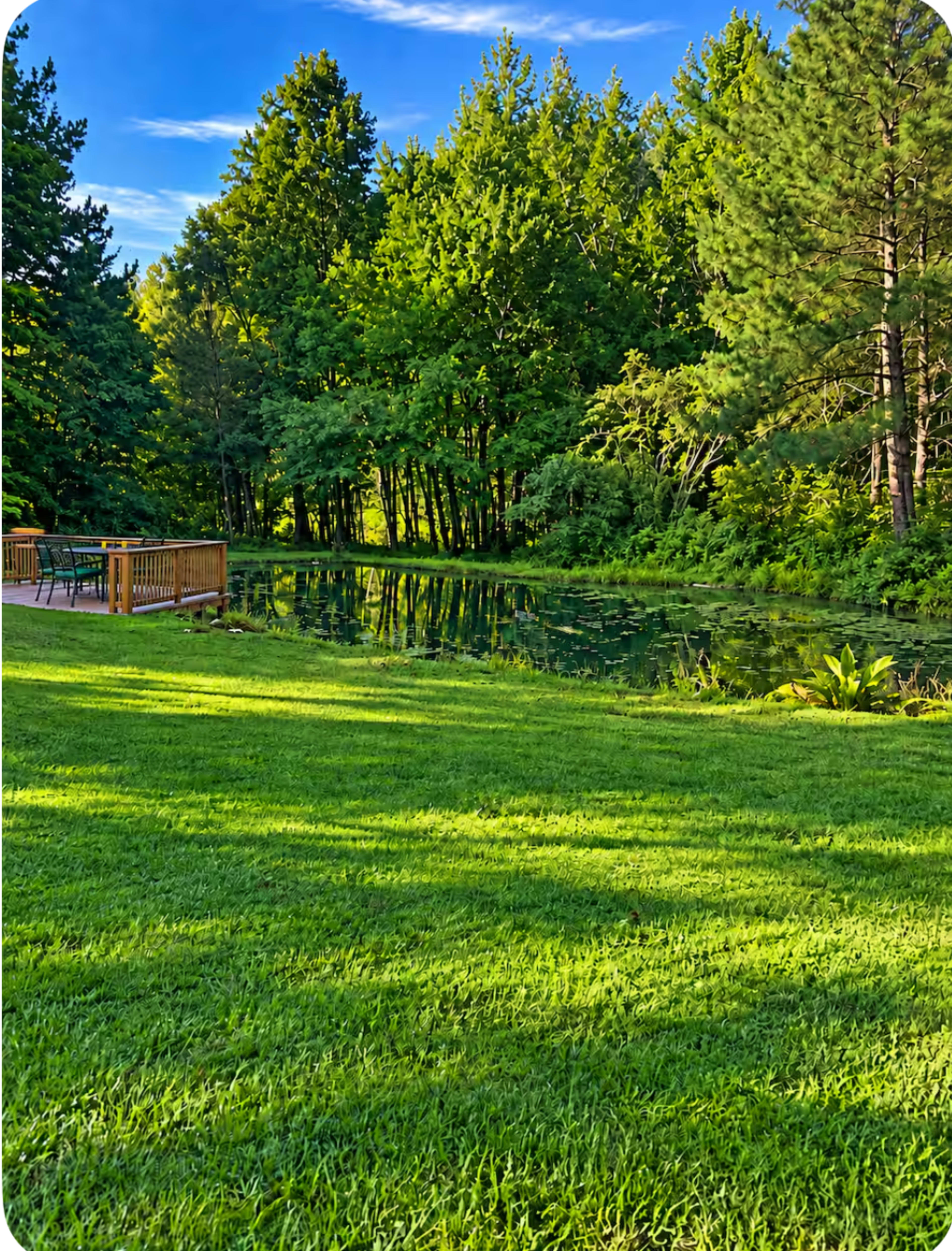 A tranquil pond is surrounded by lush green grass and trees on a sunny day.