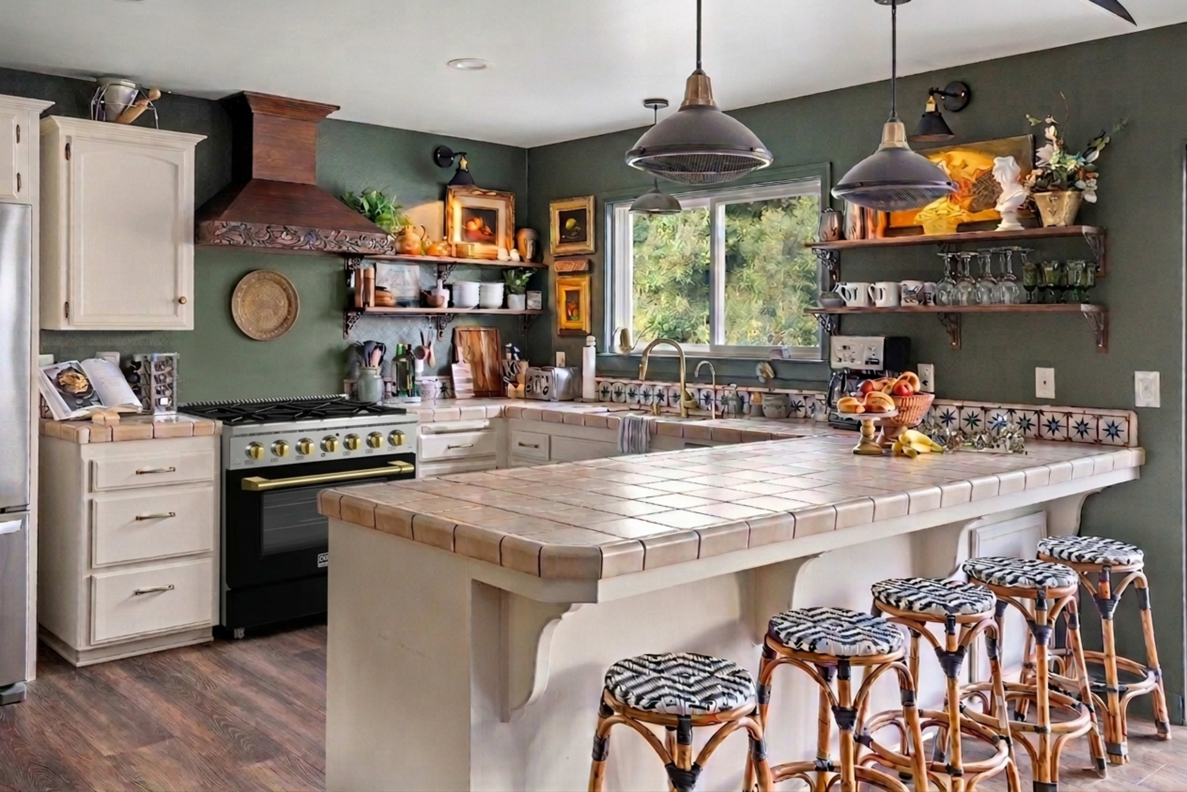 The image depicts a modern kitchen with a large tiled island, wooden shelves displaying kitchenware, and a row of bamboo stools.