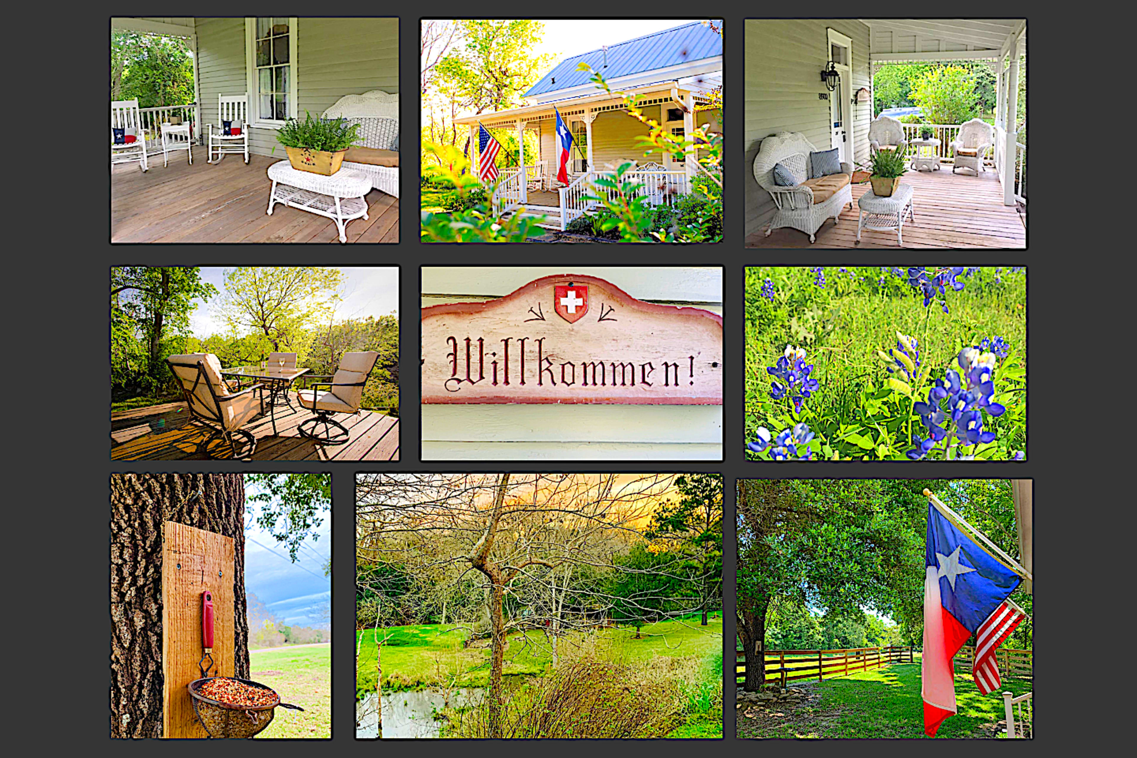 A collage of a cozy porch with seating, a welcome sign, Texas bluebonnets, and a Texas flag amidst a tranquil outdoor setting.