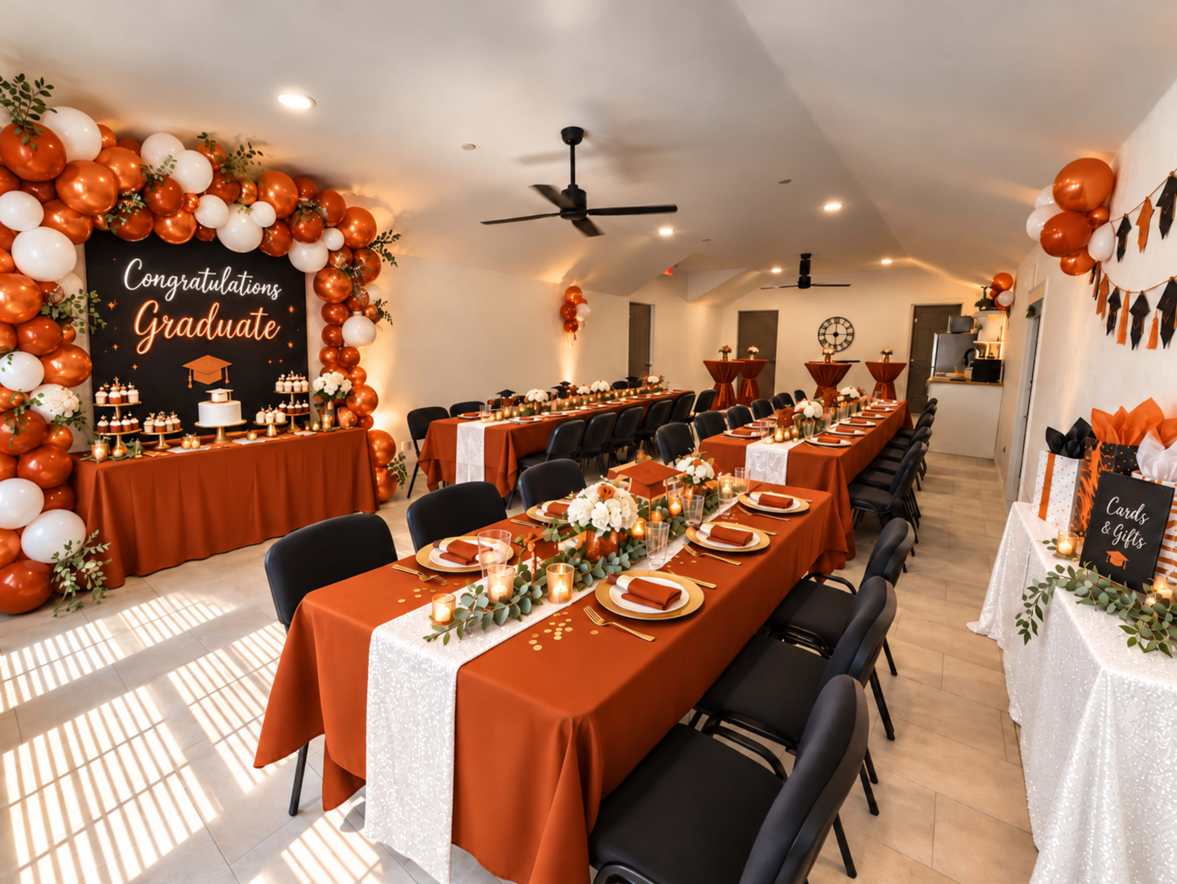 A decorated event room features two rows of tables set with orange and white tablecloths, surrounded by balloons and a congratulatory sign for a graduate.