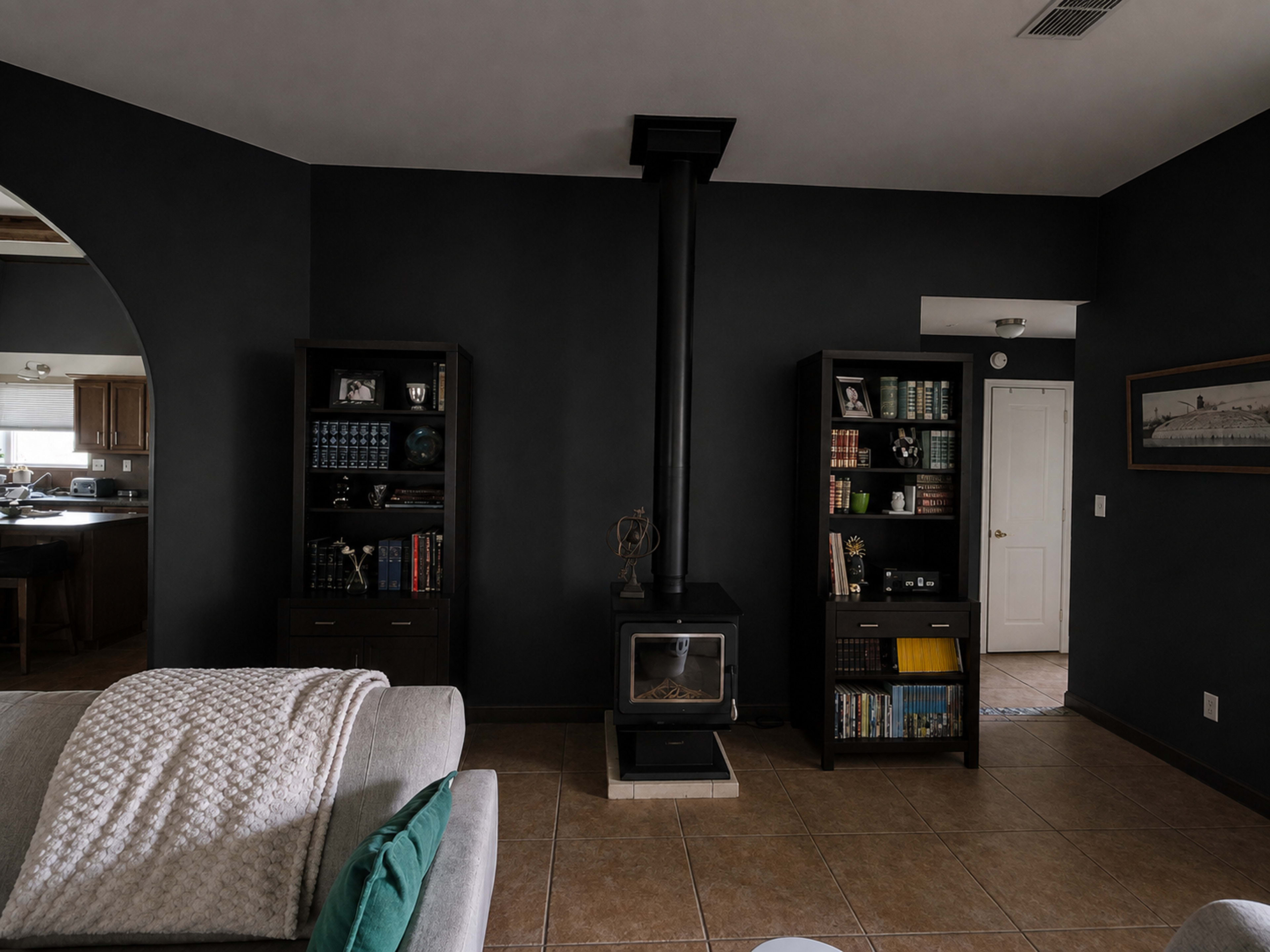 The image shows a living room with dark walls, a central wood stove, two bookshelves filled with books, and a doorway leading to another room.