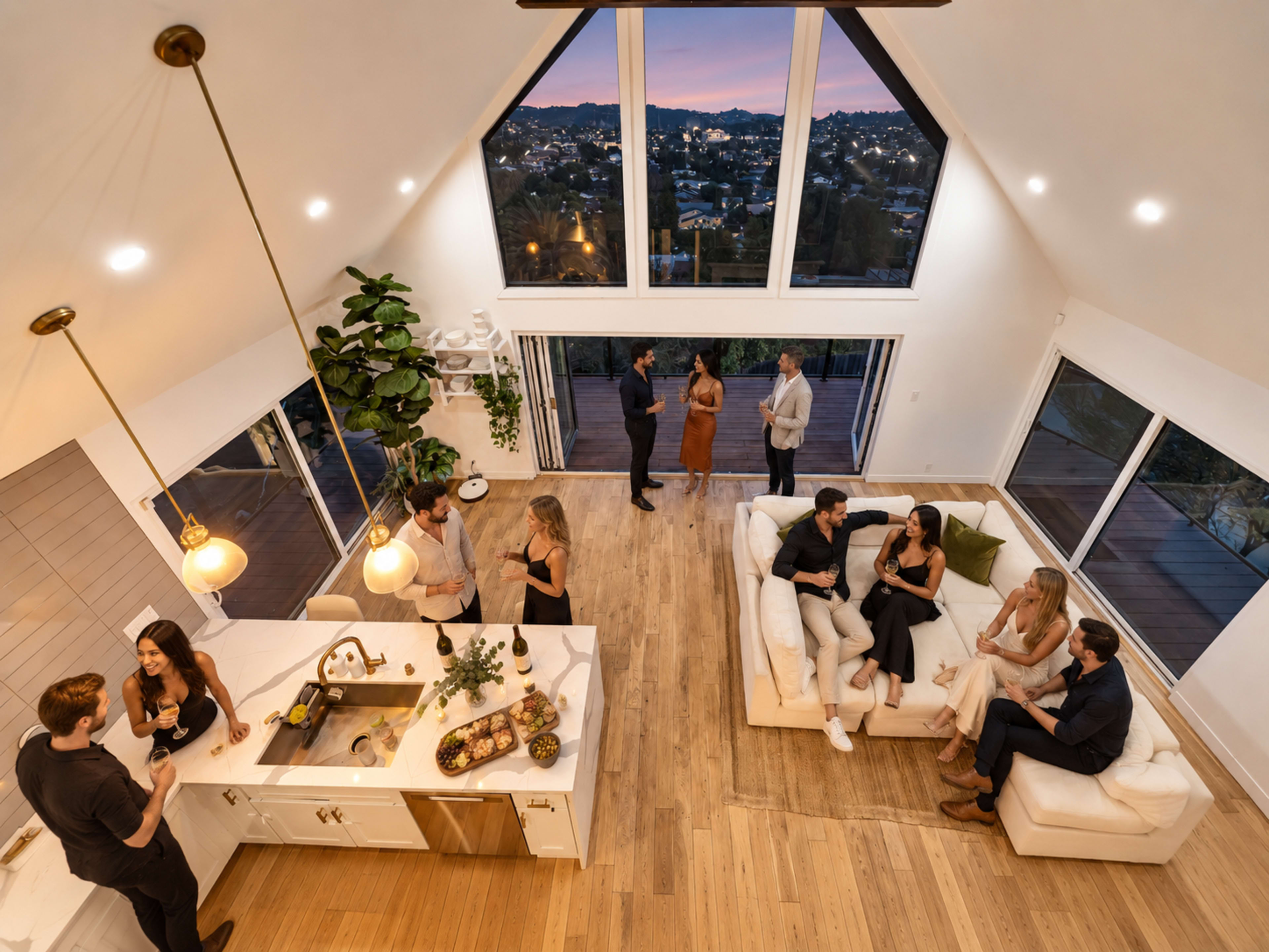 A modern open-concept living space features a group of people socializing, with a large window providing a view of the city at dusk.
