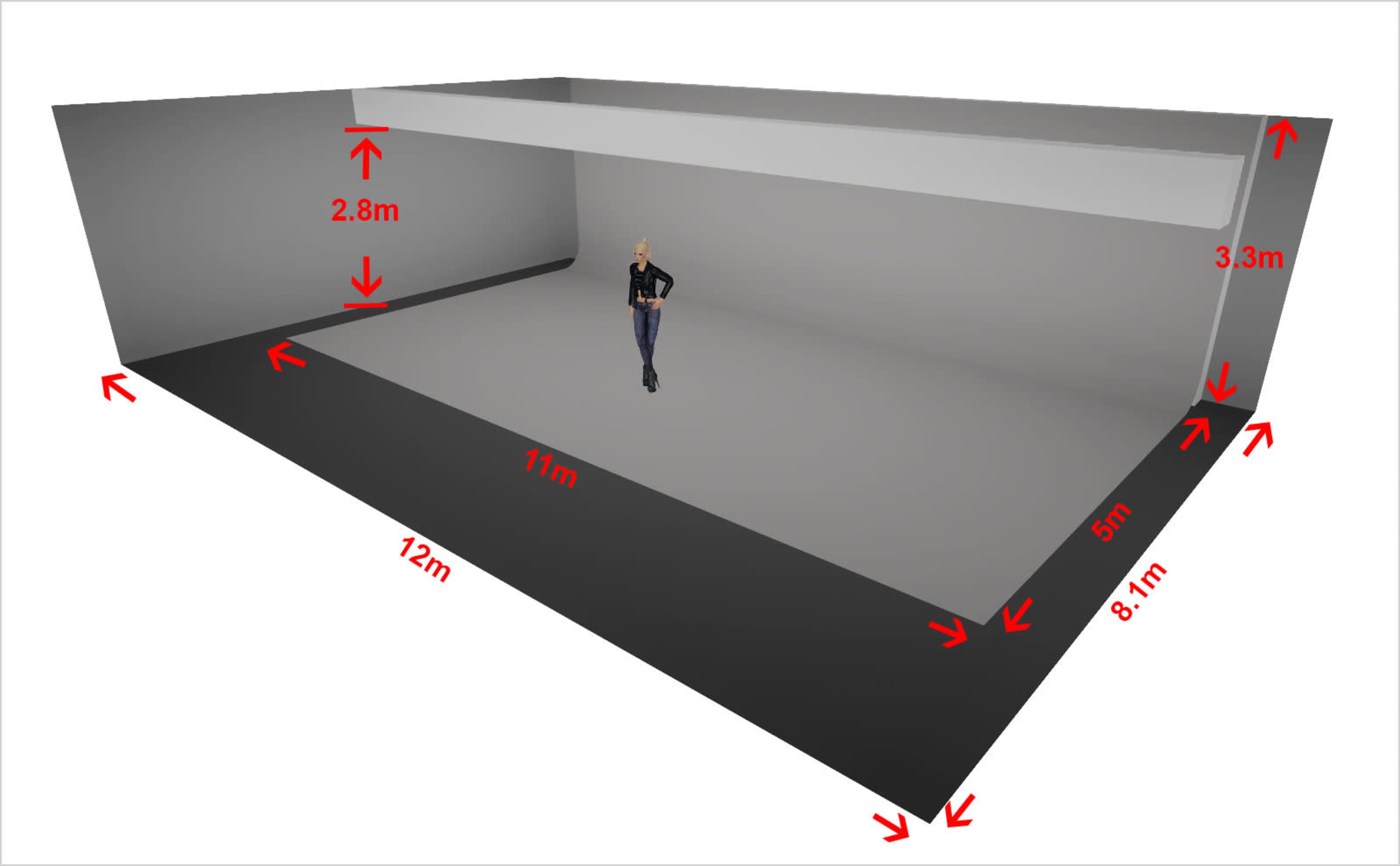 The image shows a 3D model of a rectangular room, measuring 12 meters in length, 11 meters in width, and 2.8 meters in height, with a figure standing in the center.