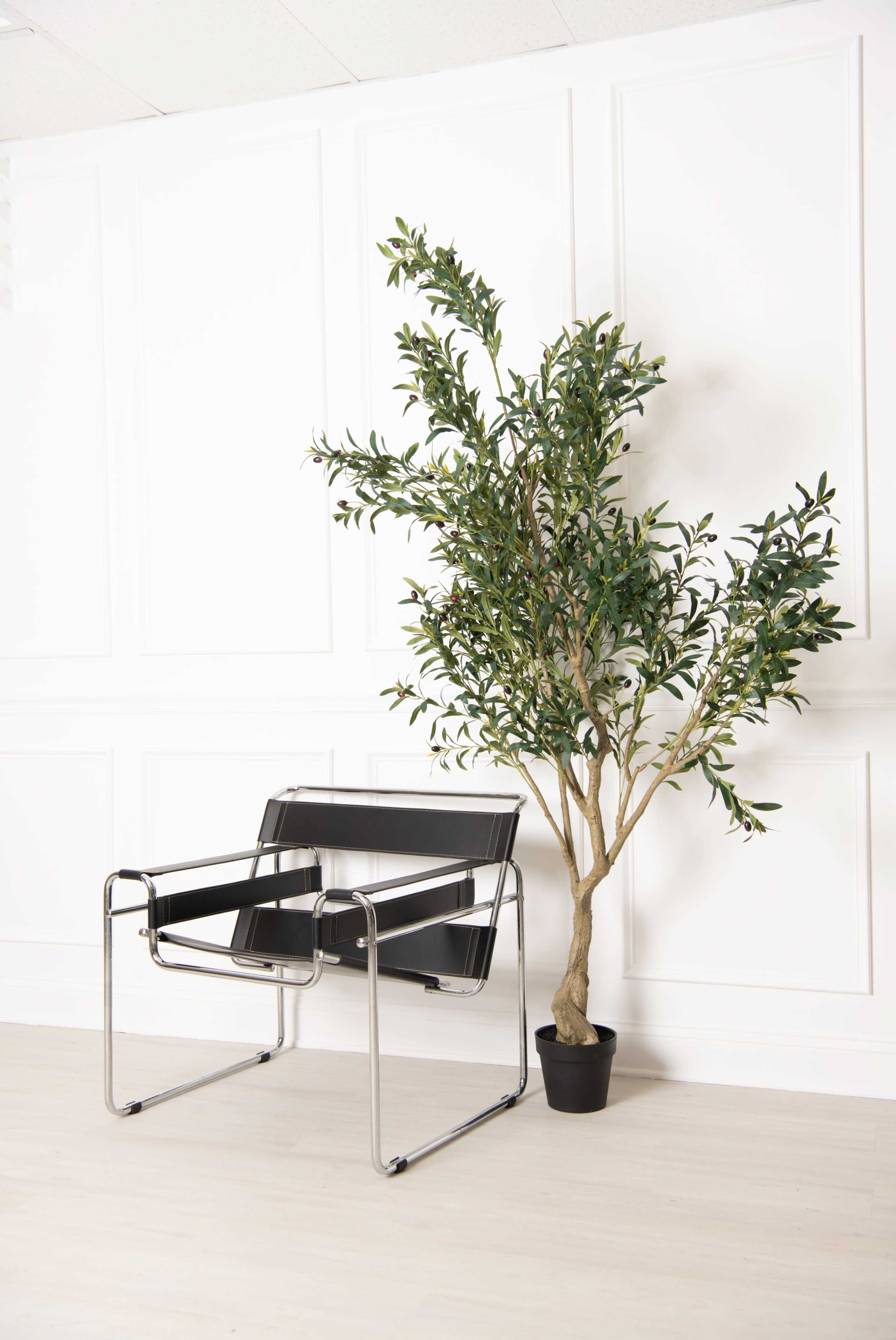 A black modern chair is positioned next to a potted decorative tree against a white wall.