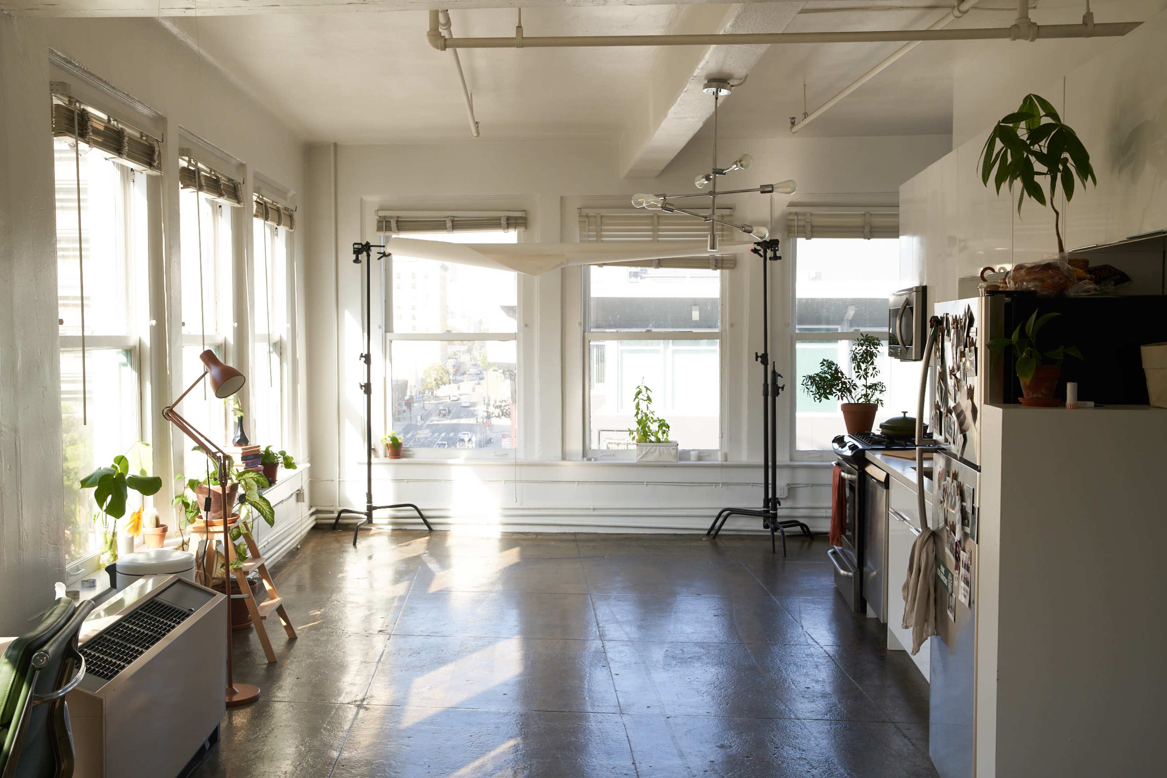 A bright, open room with large windows, plants, and a kitchen area featuring a white countertop and appliances.