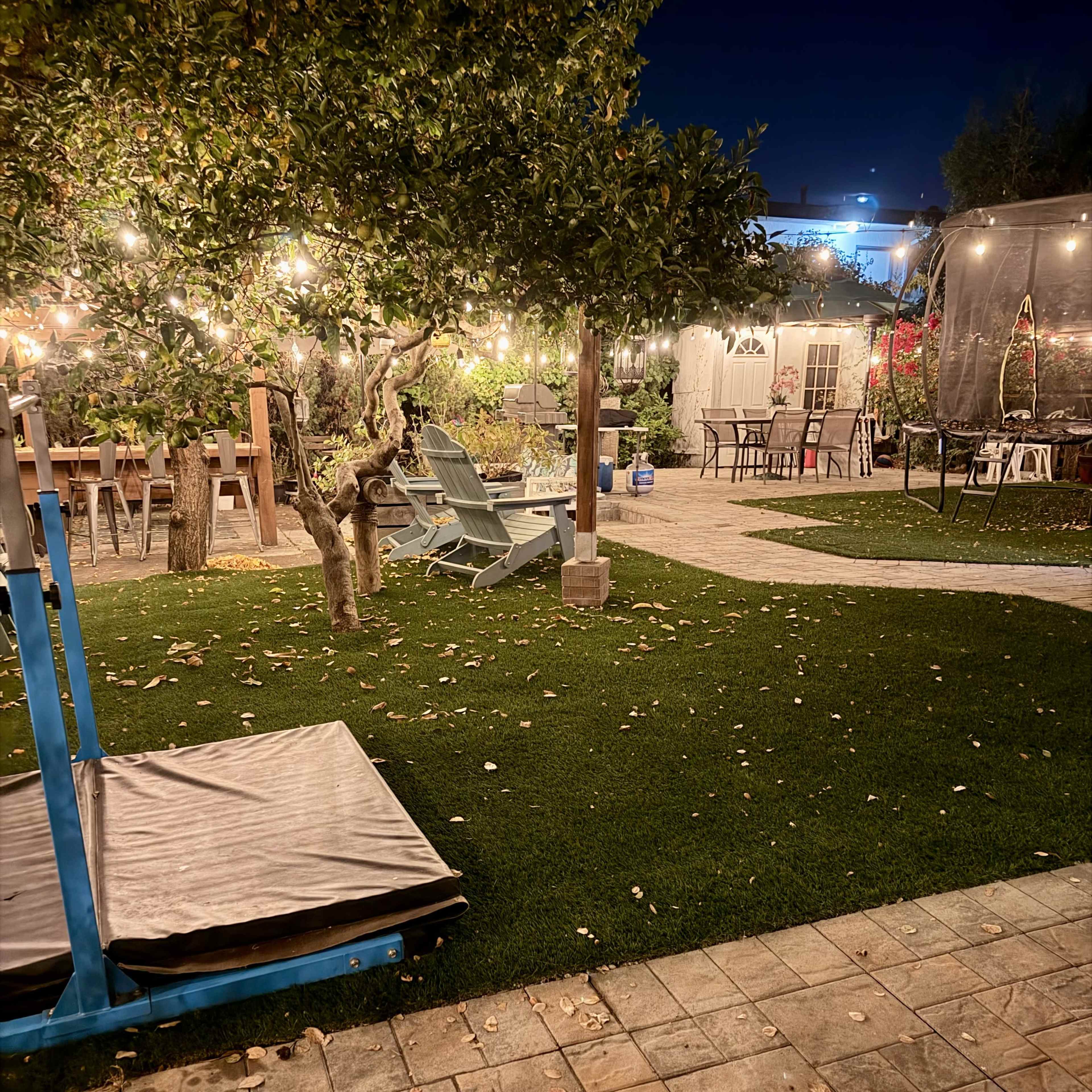 The image shows a well-lit outdoor garden with seating areas, string lights, and lush greenery at night.
