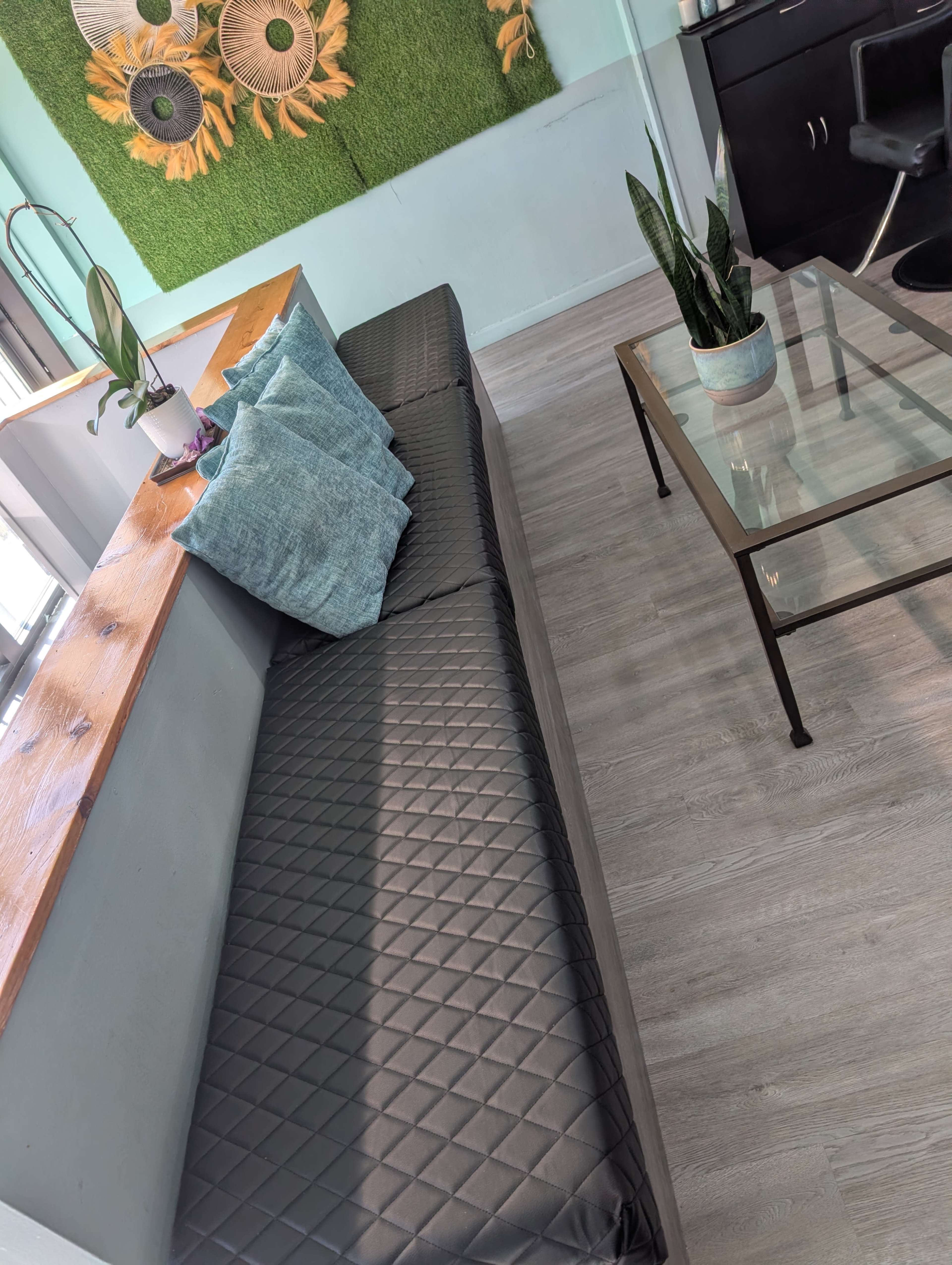 A black fabric couch with two blue pillows is positioned next to a glass coffee table in a brightly lit room that features green wall decor and potted plants.