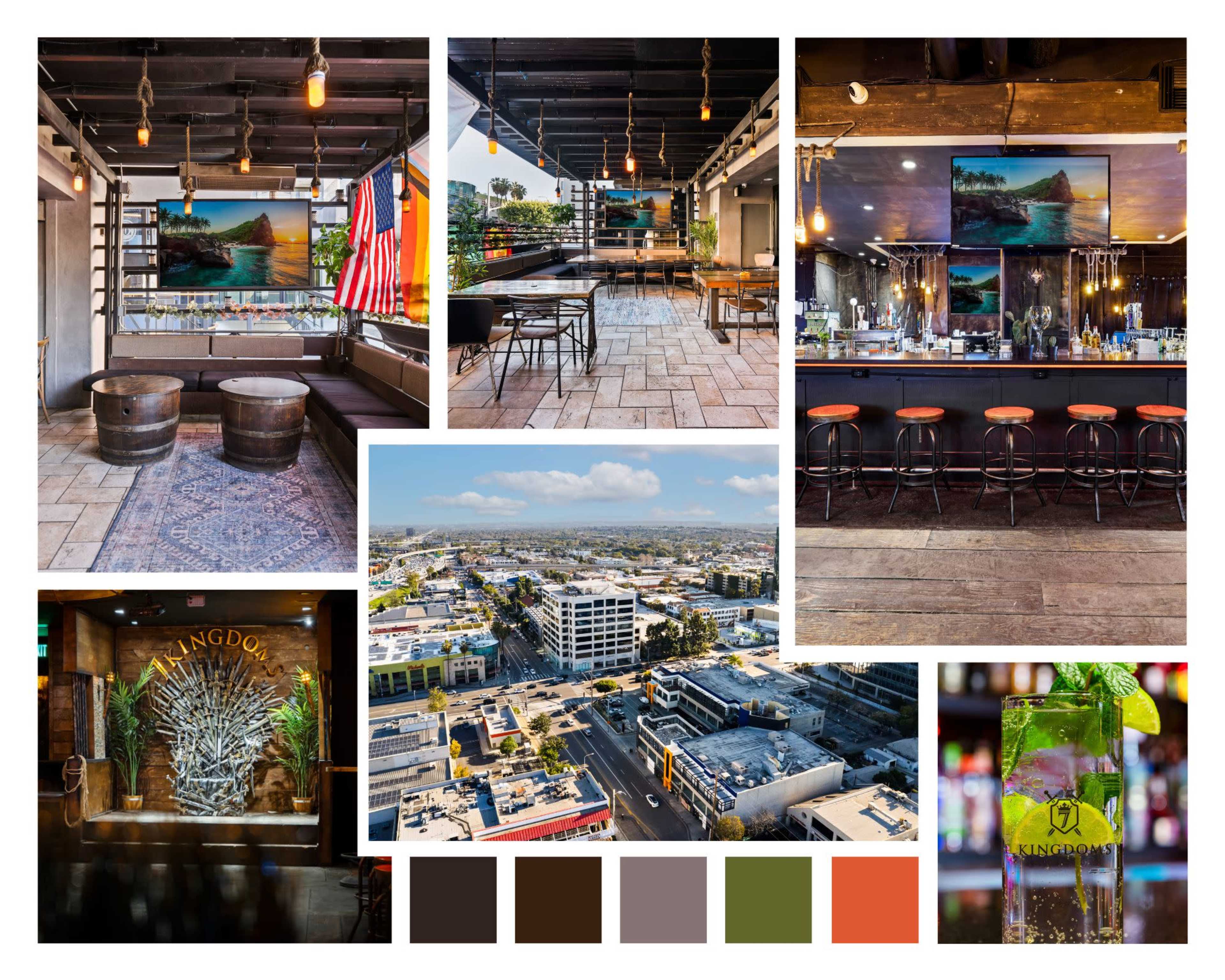 A collage of a modern bar and lounge with a sleek interior, outdoor seating, and various views of the surrounding area, including a cityscape.