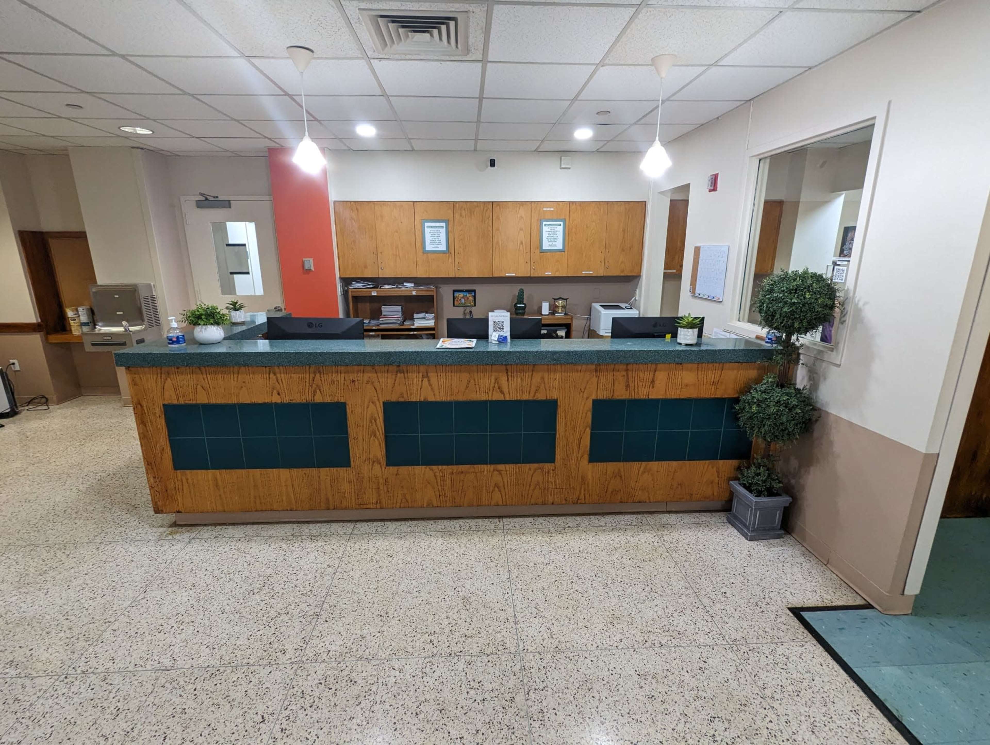 A reception desk made of wood and tile in a brightly lit office space with a few potted plants nearby.