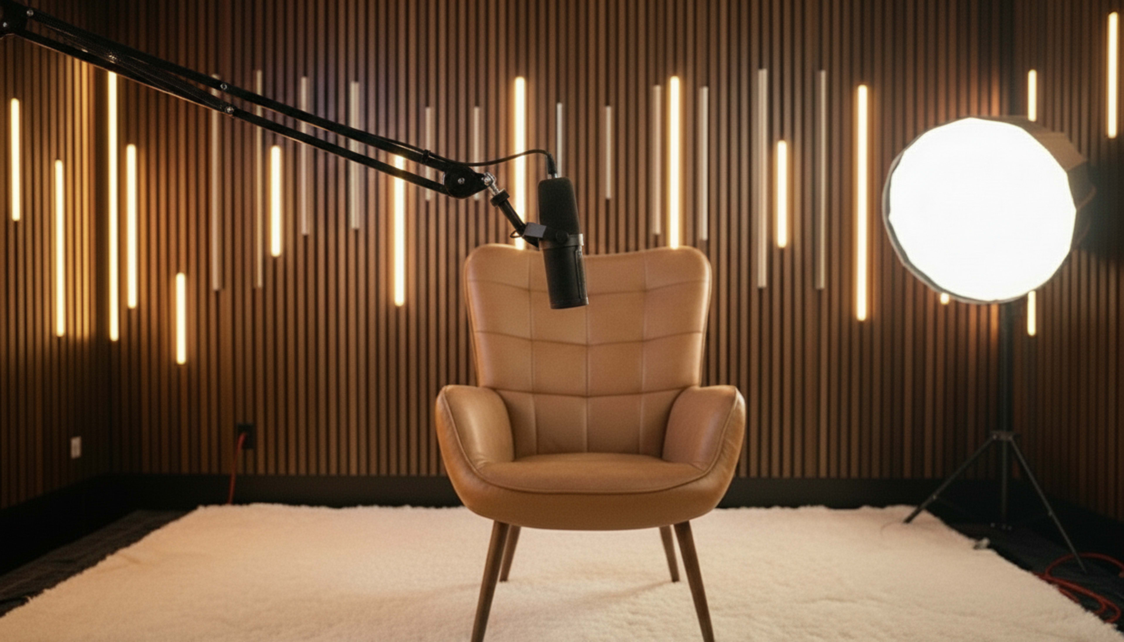 A tan armchair is positioned in front of a microphone mounted on an adjustable arm, with a large light source and vertically arranged light strips illuminating the space.