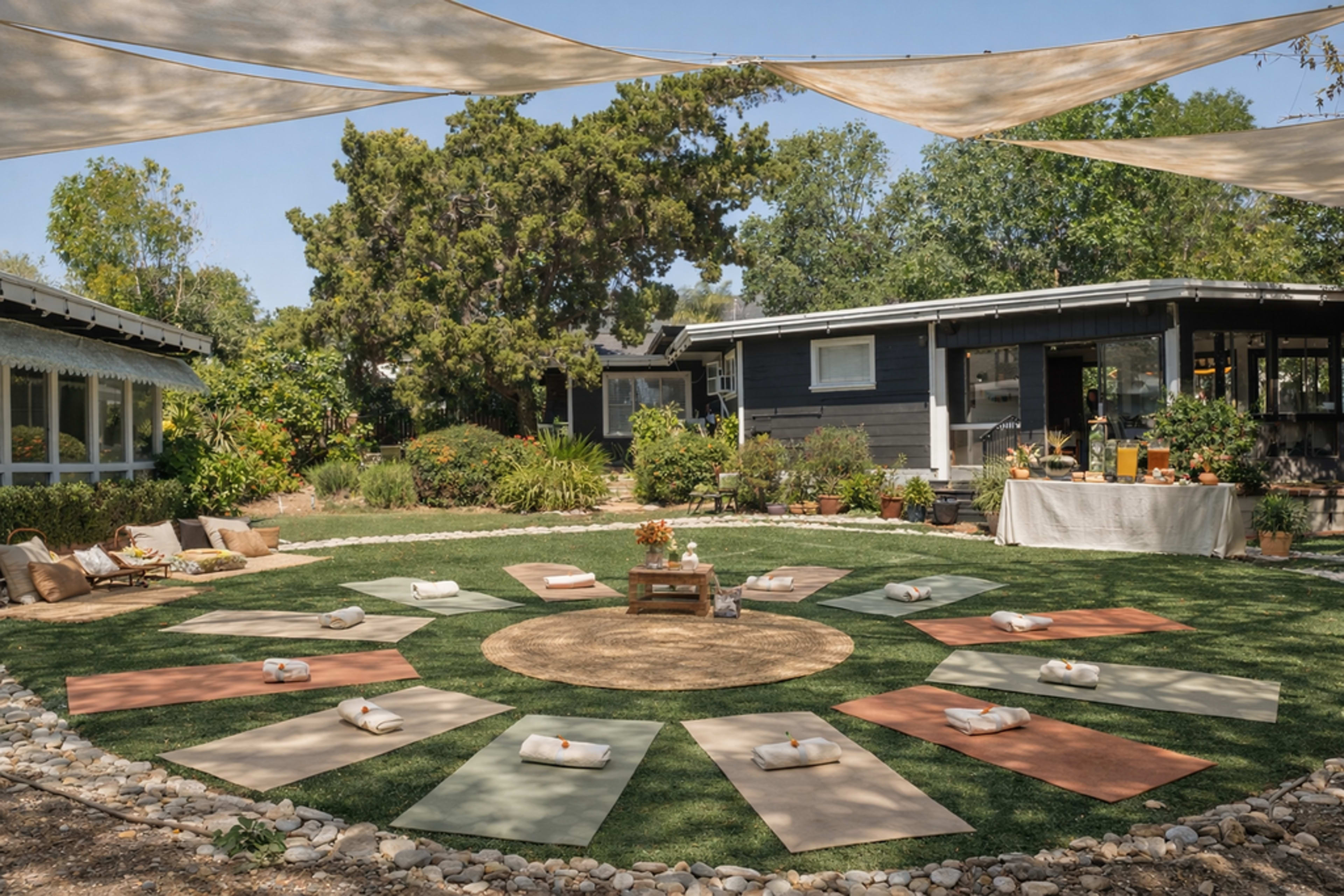The scene depicts an outdoor space set up for a yoga or wellness event, with neatly arranged mats in a circular formation on a grassy area surrounded by trees and a cozy building.