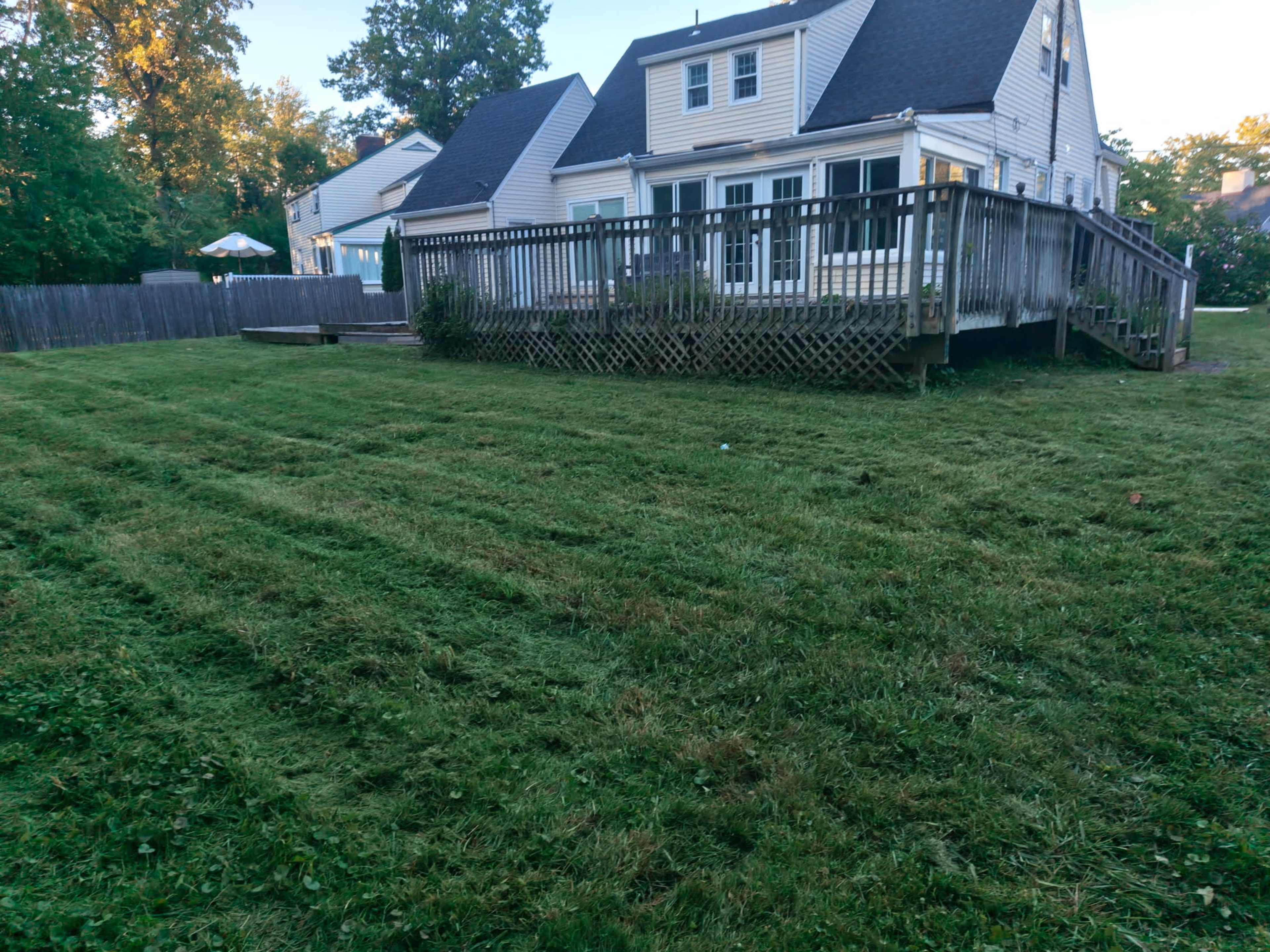 The image shows a neatly mowed lawn with distinct grass stripes, adjacent to a deck and a two-story house.