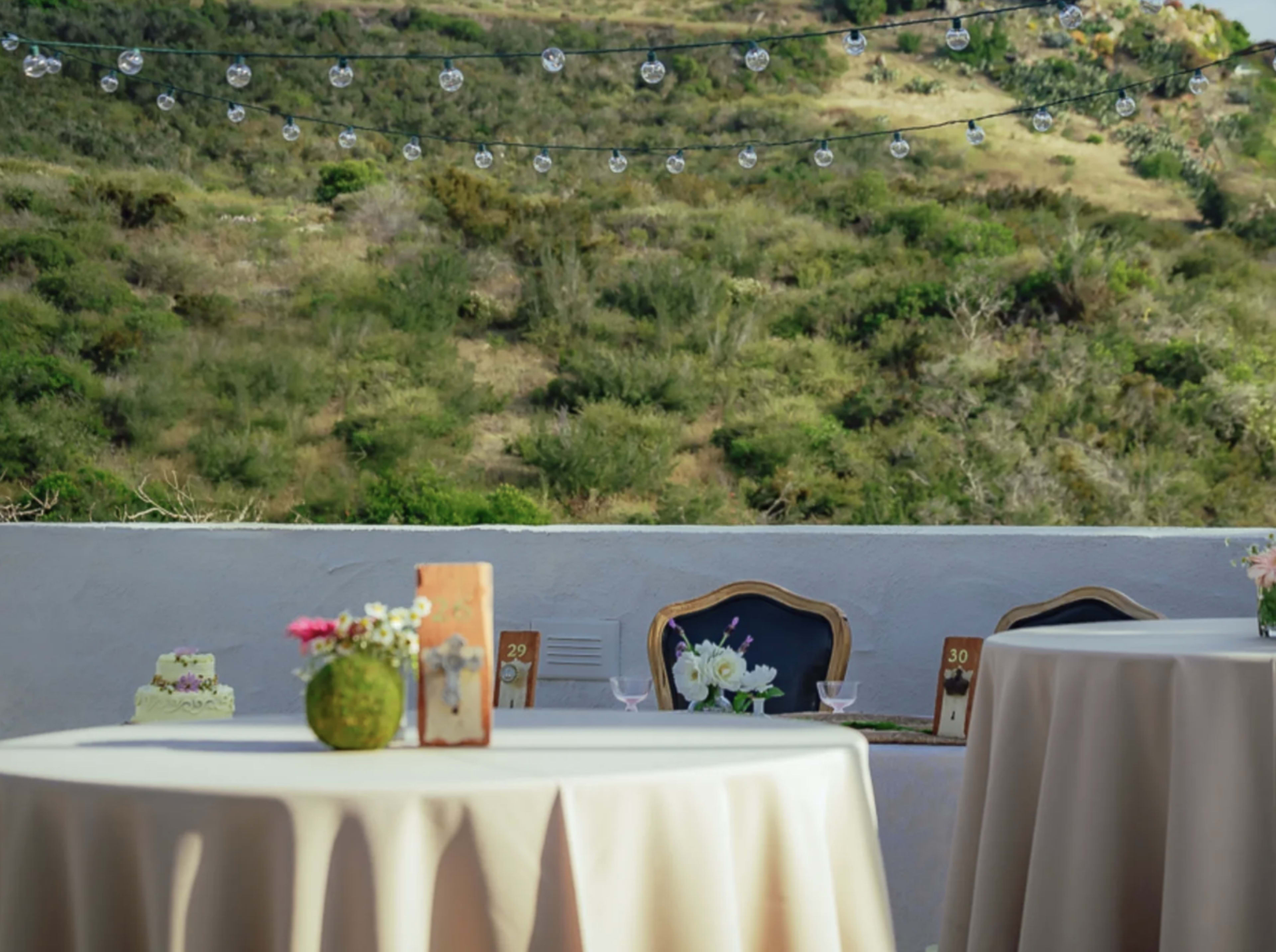 A decorated outdoor event space with tables covered in light-colored tablecloths and a backdrop of greenery and rolling hills.