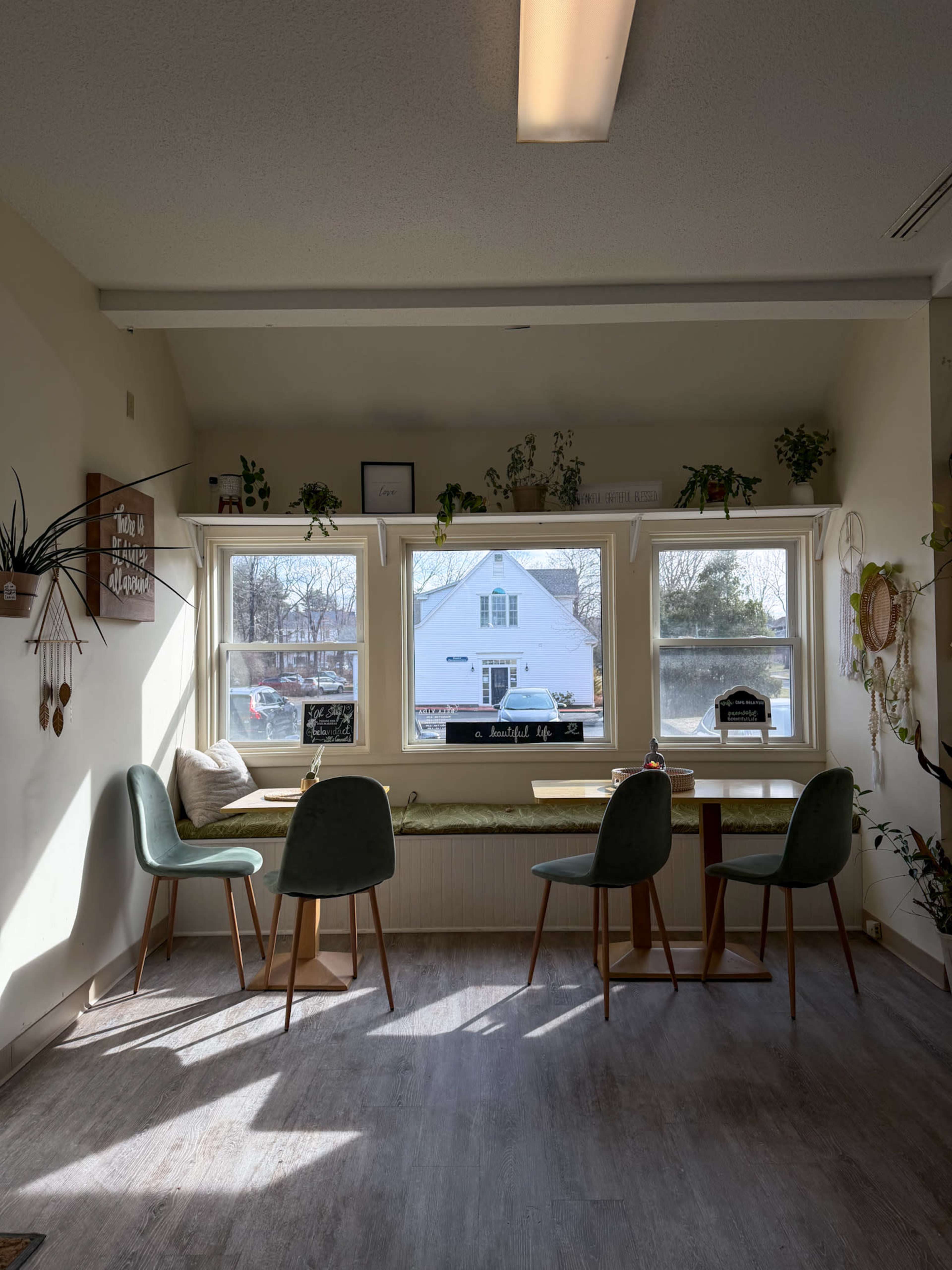 The image shows a light-filled corner of a café featuring a window seat with green cushions, two round tables, and plants on the ledges and walls.