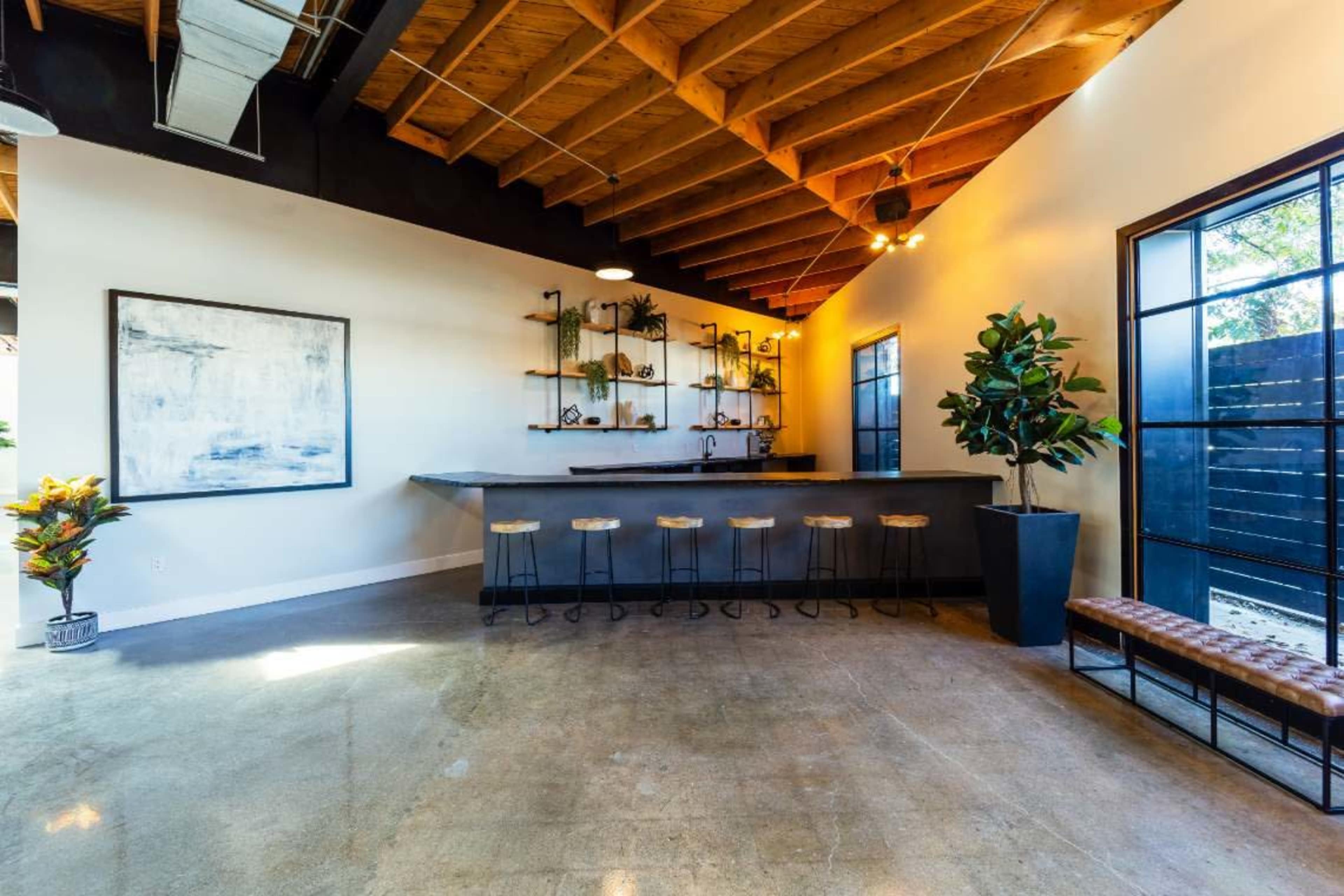 The image shows a minimalist interior space with a bar area, high stools, and a wall featuring shelves with decorative plants and artwork.