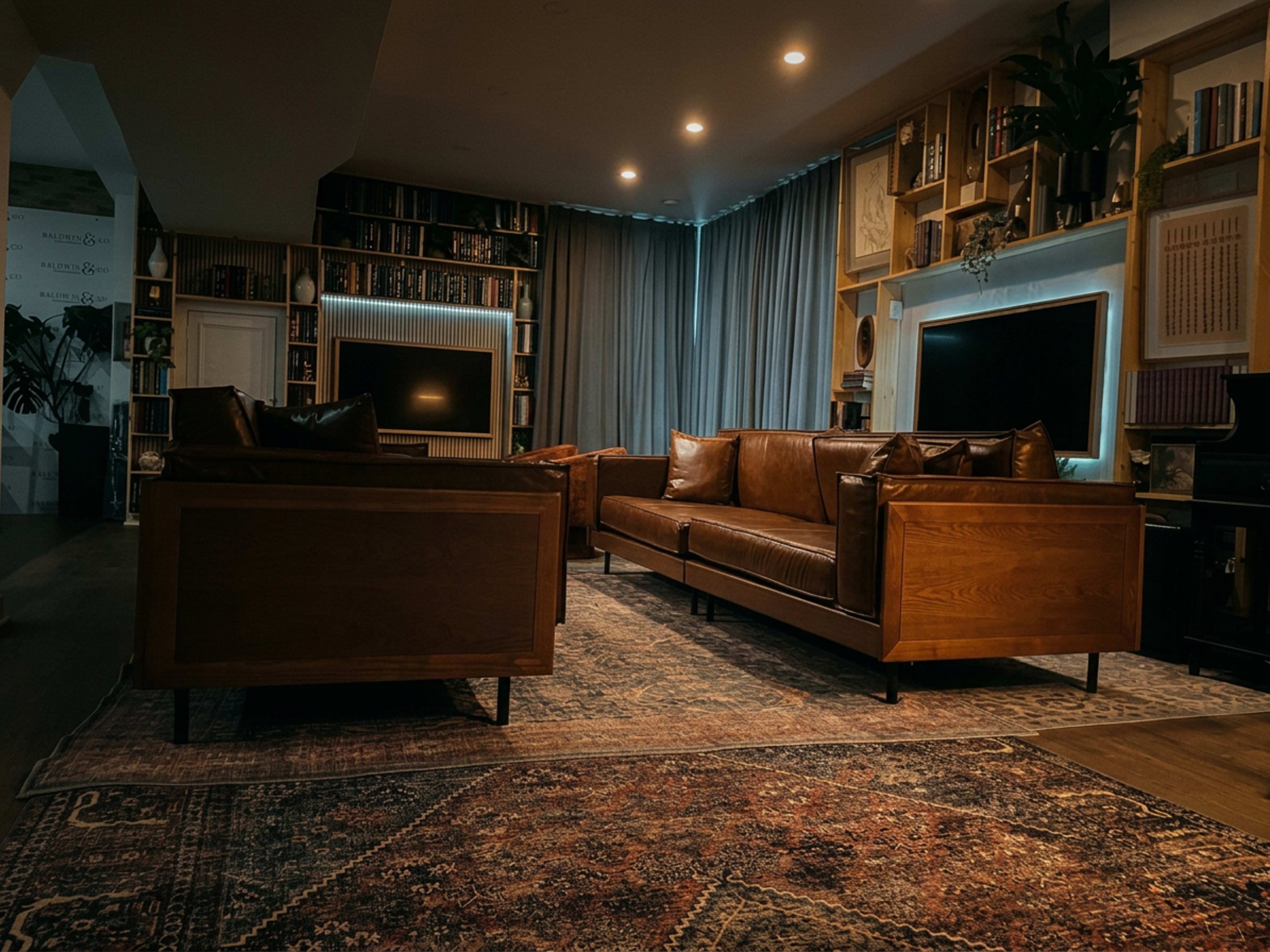 The image shows a cozy living room with two brown leather sofas facing each other, surrounded by bookshelves and illuminated by soft lighting.