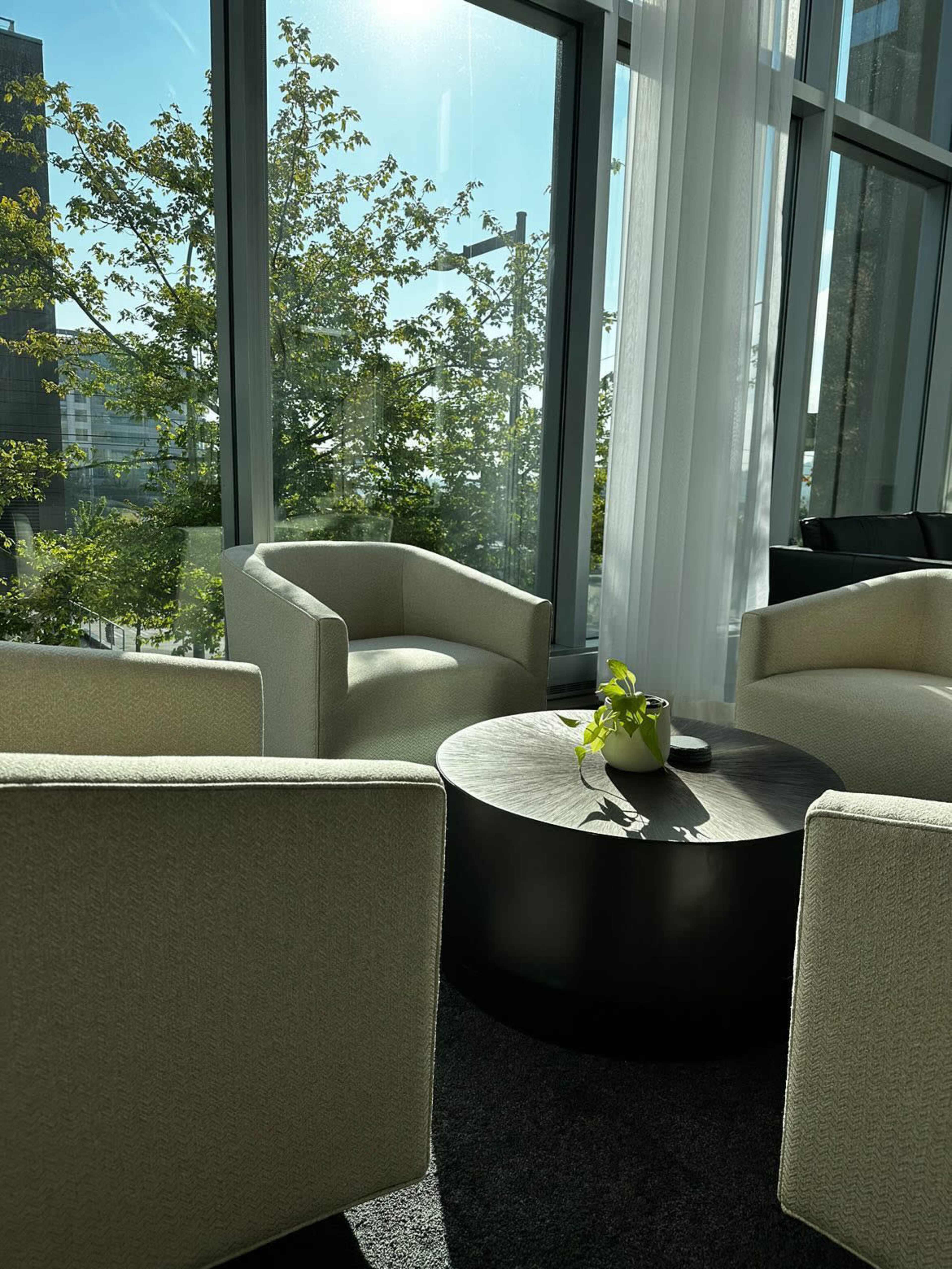 The image shows a modern seating area with two light-colored armchairs arranged around a round black table, illuminated by natural light through large windows adorned with greenery.
