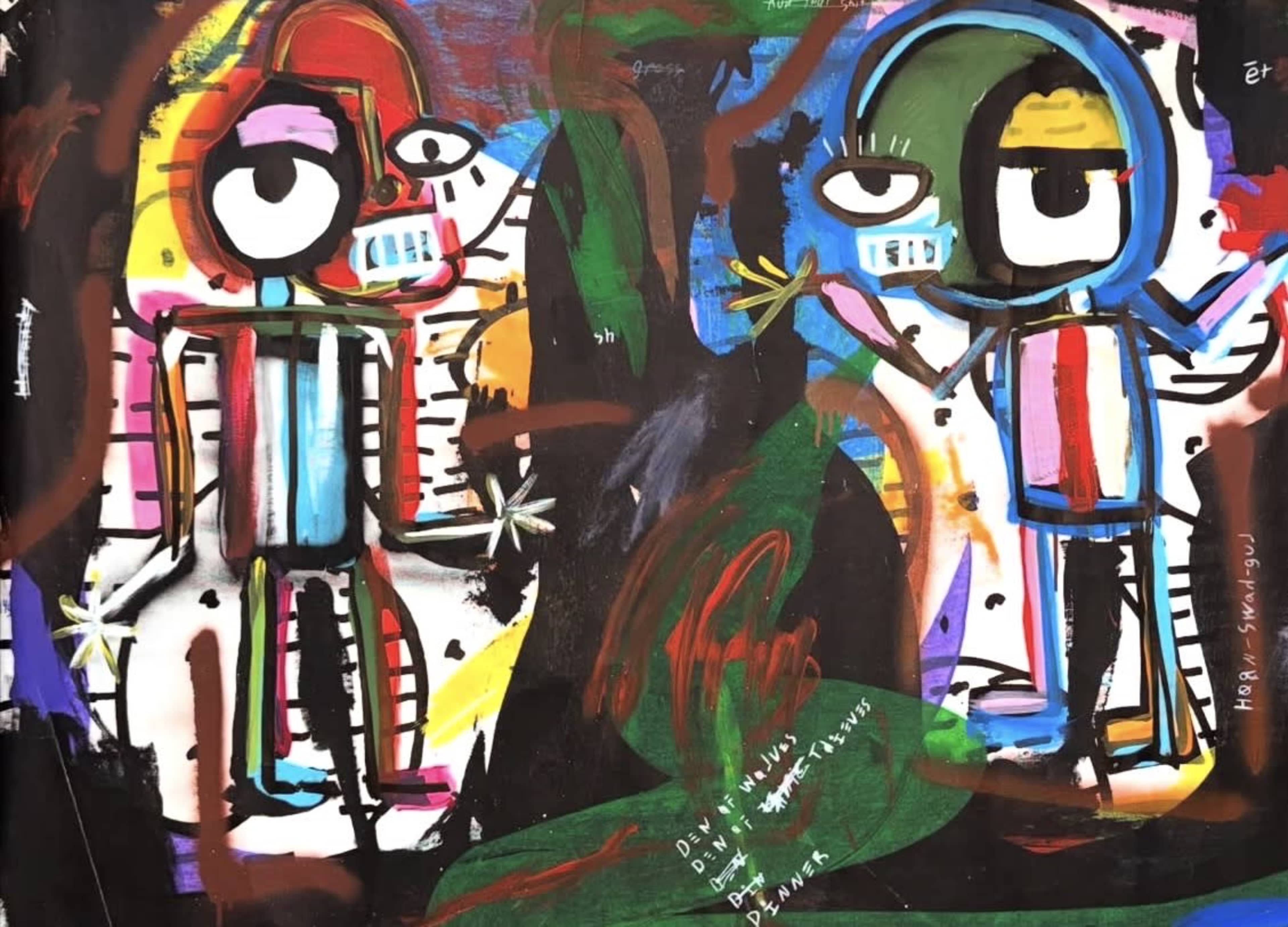 The image features two abstract figures on a colorful background, with bold lines and vibrant colors depicting their facial details and clothing.
