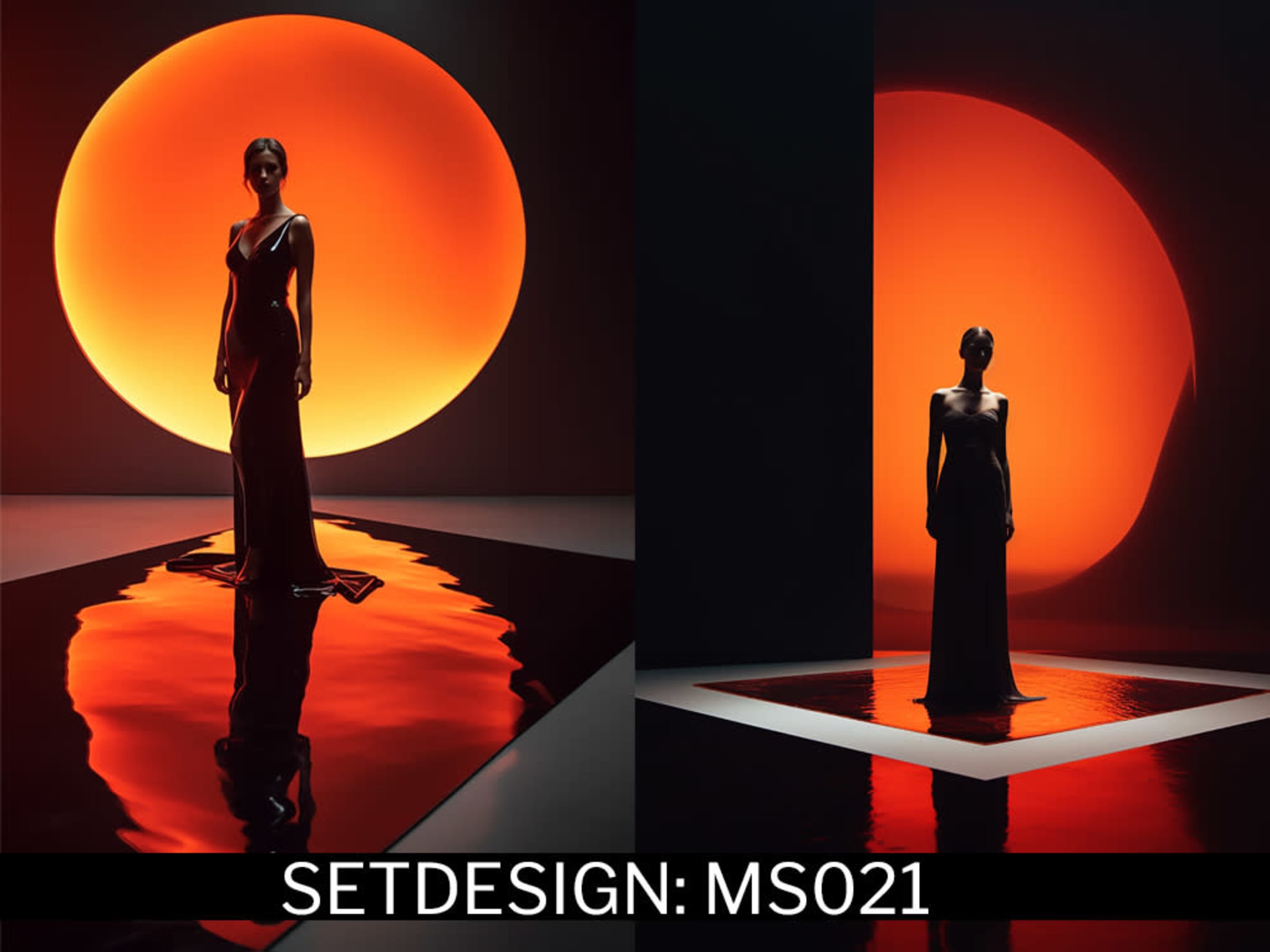 A model in a black dress stands on a reflective surface against a large orange backdrop.