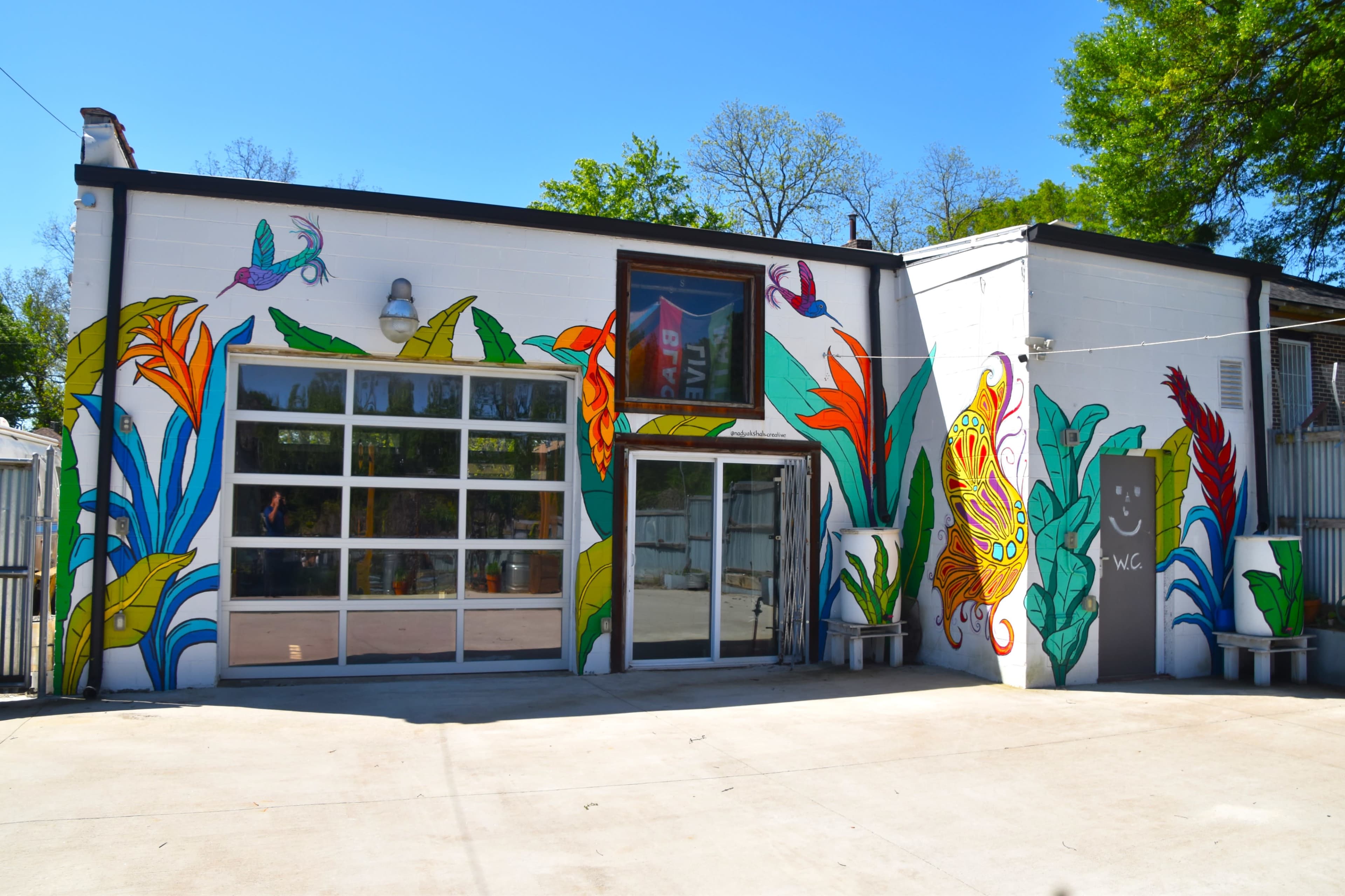 A brightly painted building features vibrant murals of tropical leaves and birds on its exterior, with a large glass garage door.