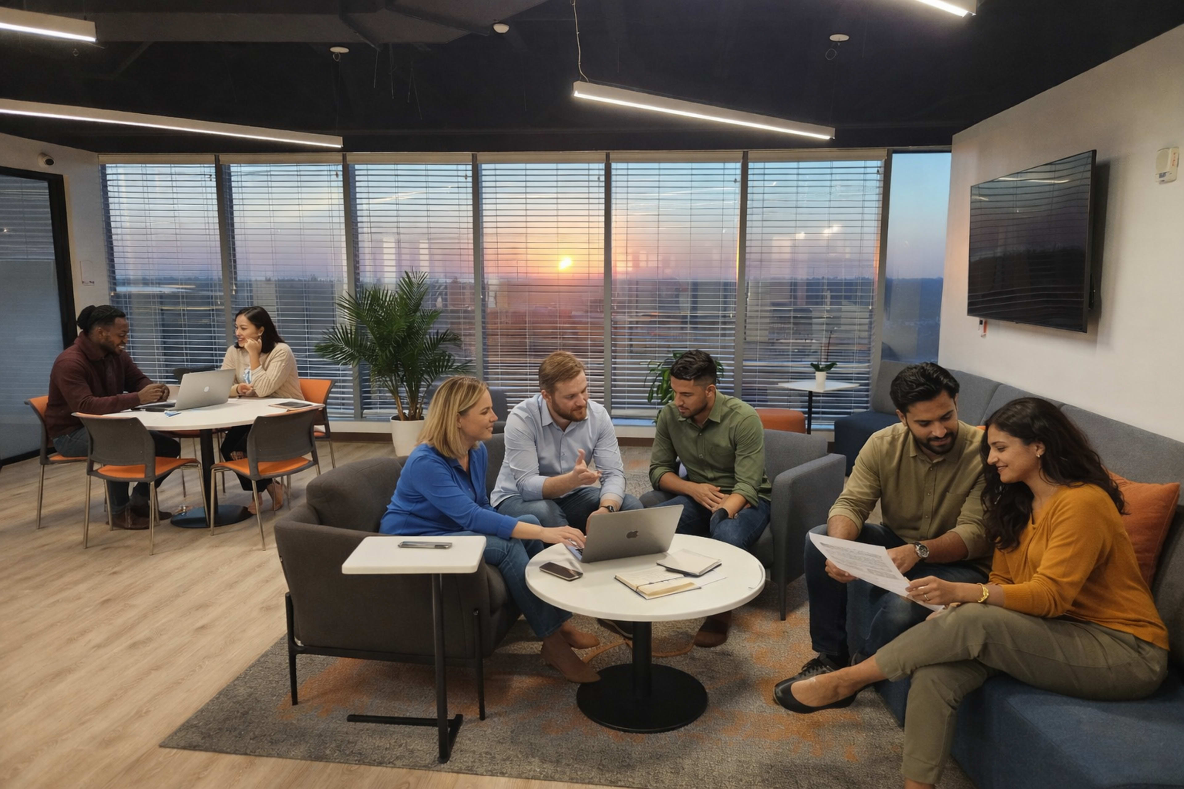 A group of six people is collaborating around a table in a modern office space with large windows showing a sunset in the background.