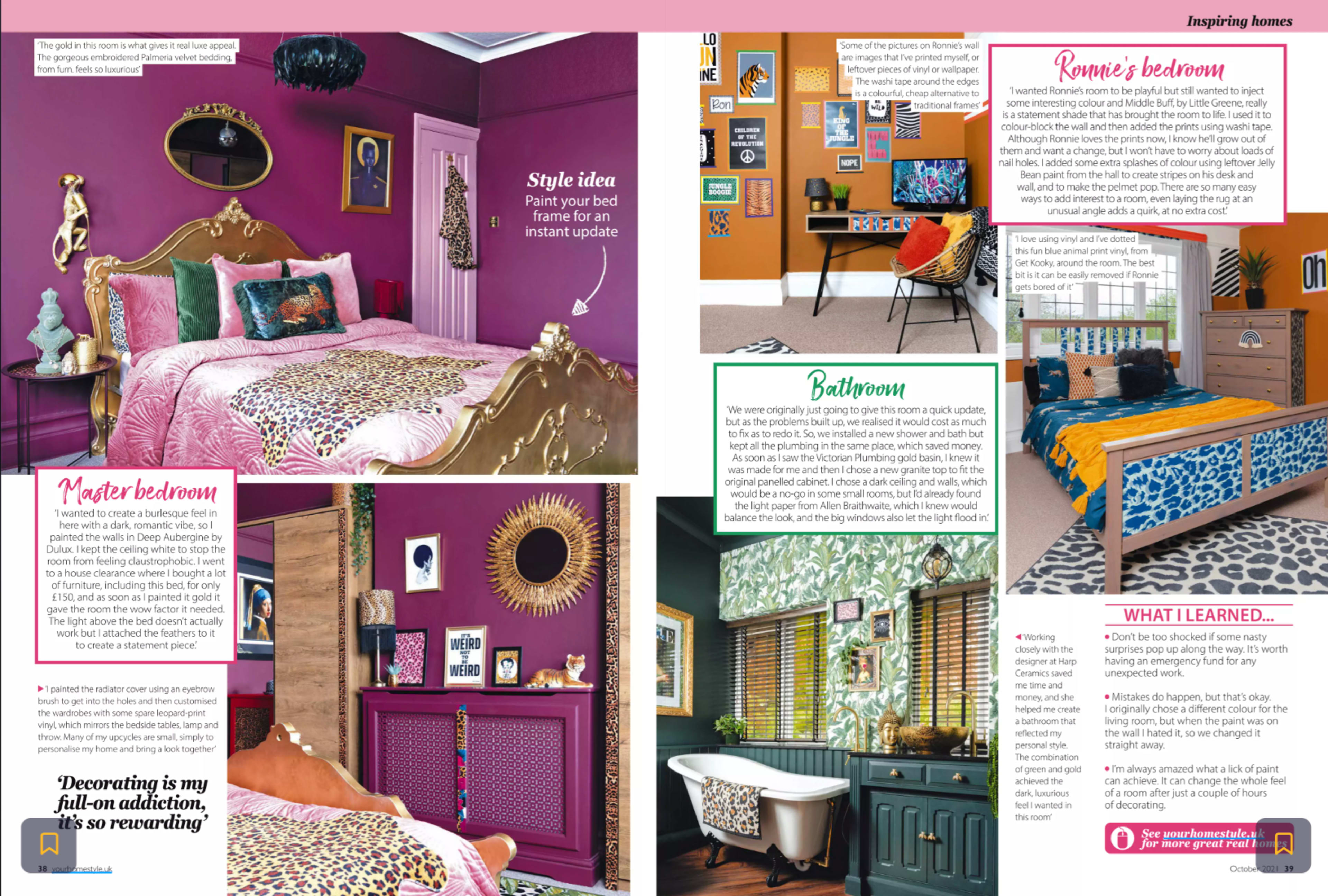 A collage of stylishly decorated bedrooms featuring bold colors, unique furniture, and creative wall treatments.