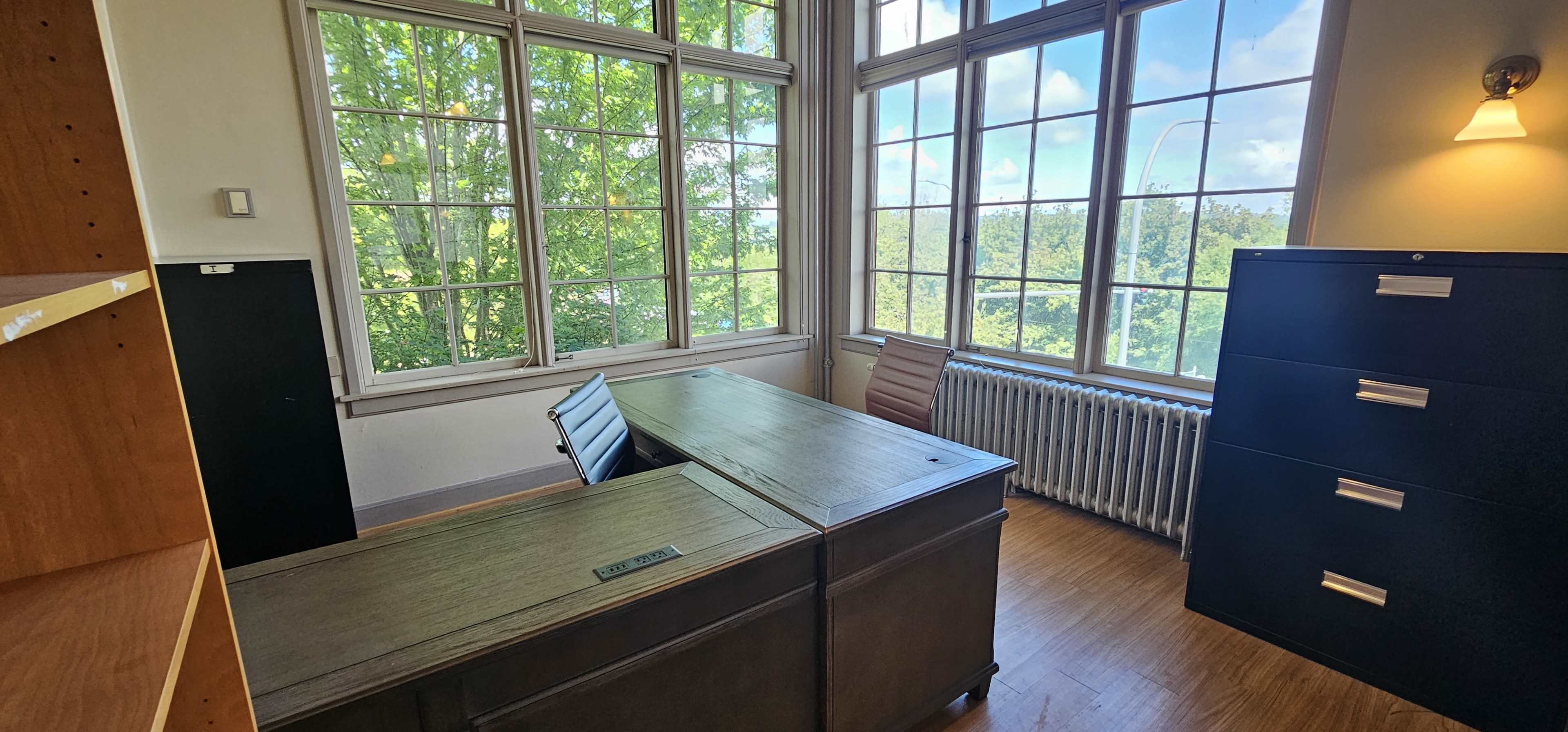 The image shows a well-lit office space featuring a wooden desk, a rolling chair, a filing cabinet, and large windows that offer a view of greenery outside.
