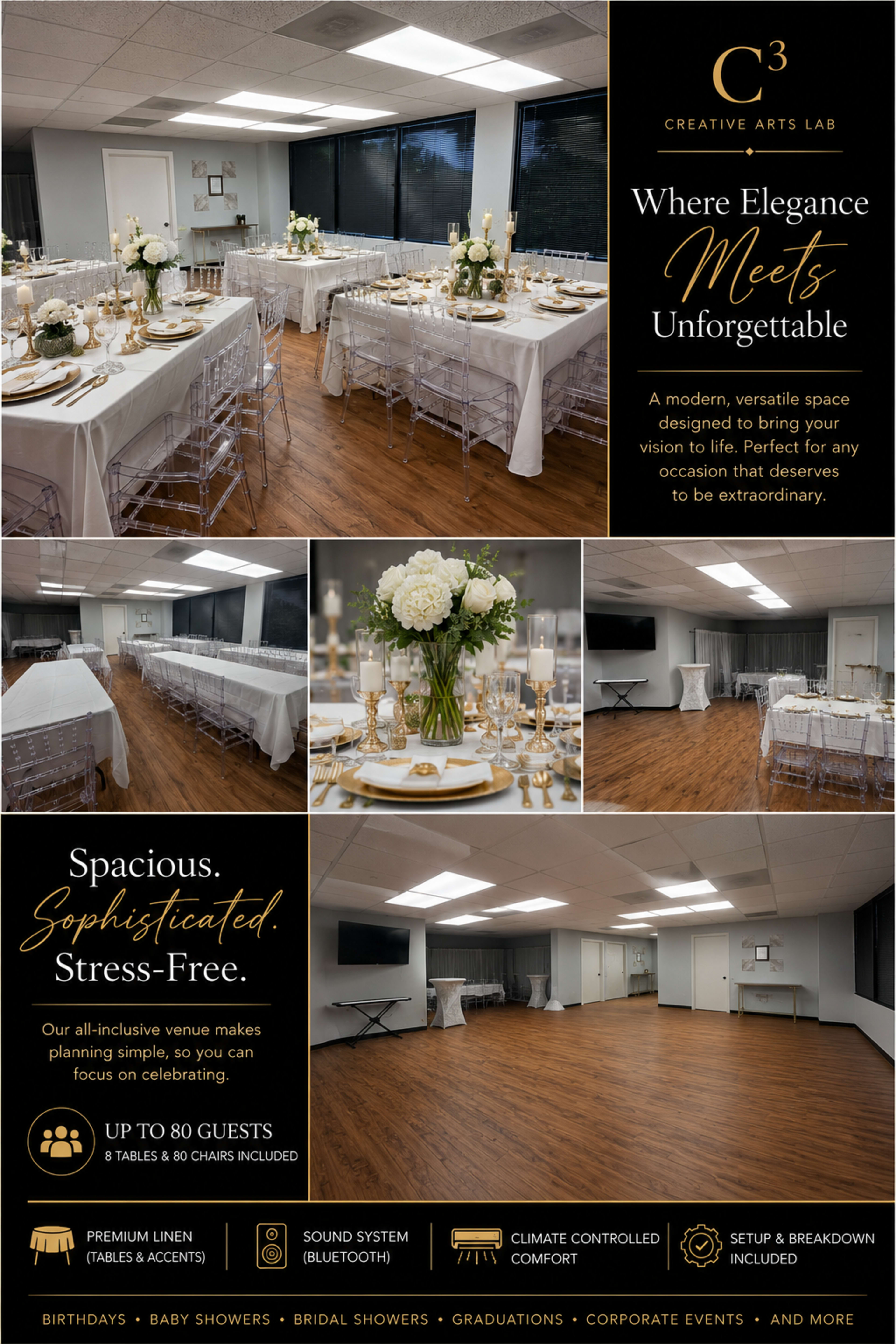 The image showcases a modern event space decorated with elegant table settings, featuring white tablecloths, floral arrangements, and ample lighting, suitable for various gatherings.