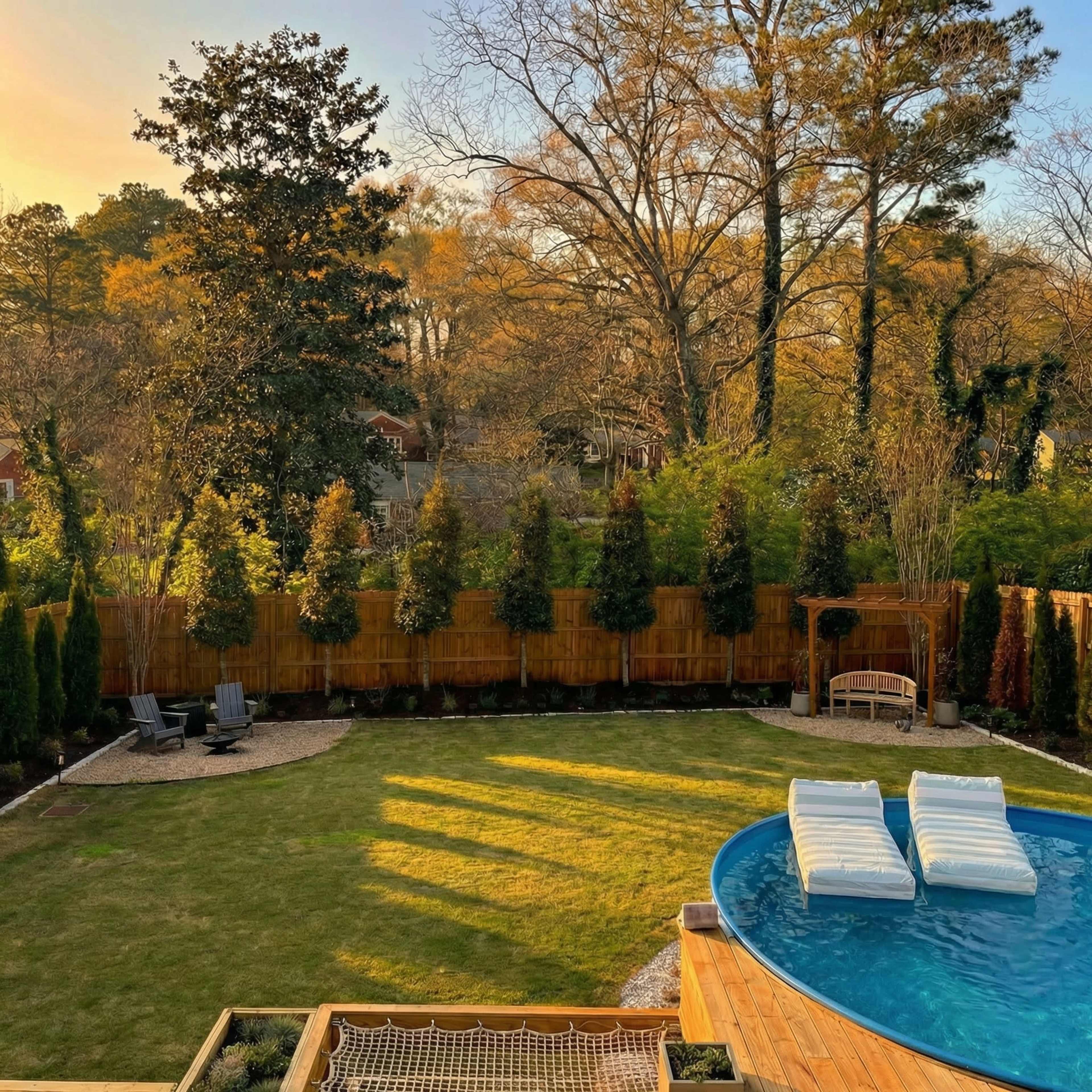 The image shows a backyard featuring a swimming pool with two lounge chairs, surrounded by a neatly maintained lawn and several trees and shrubs along a wooden fence.