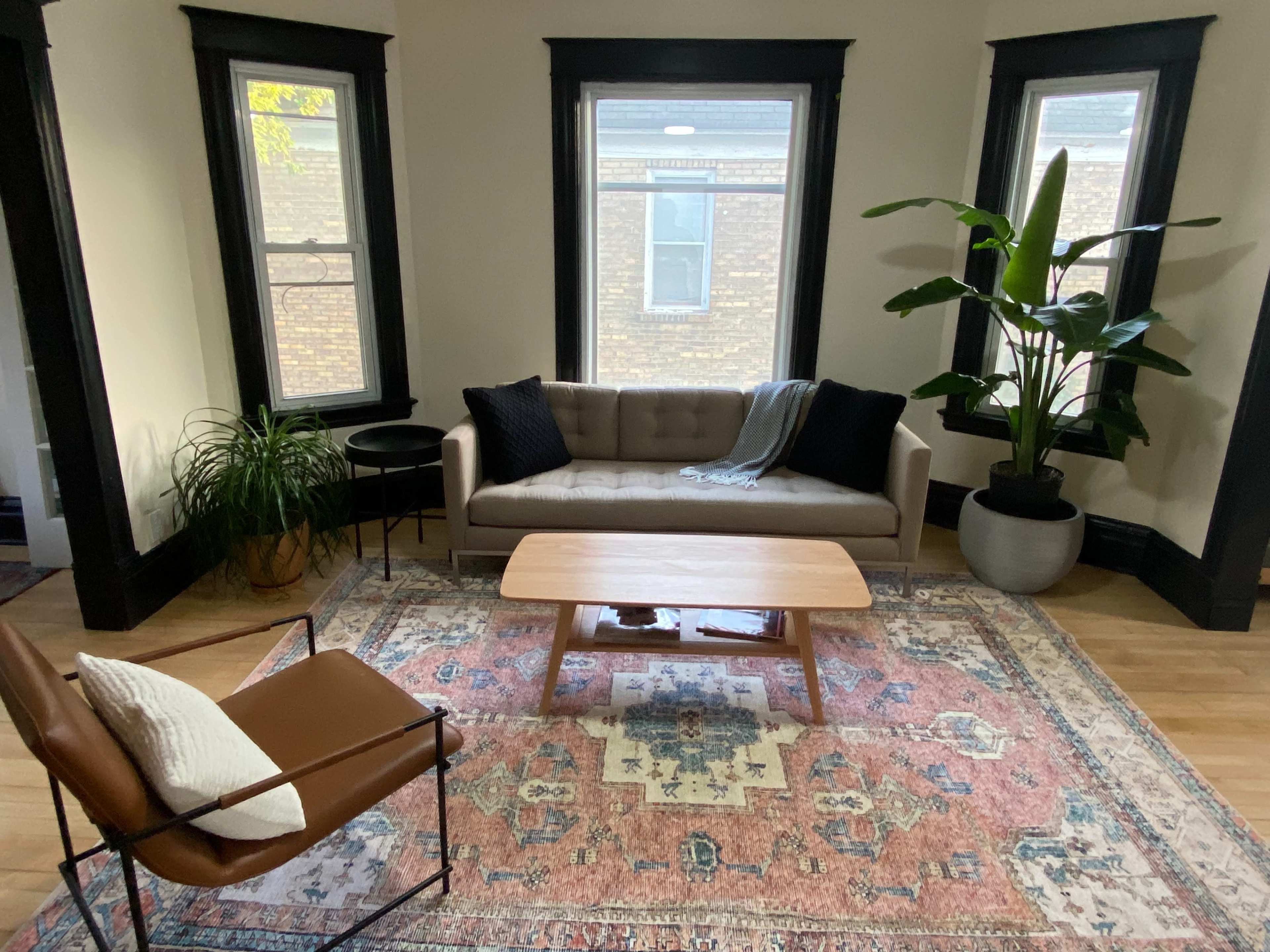 The image shows a living room with a tan couch, a wooden coffee table, a patterned area rug, and large windows, accompanied by a potted plant and a chair.