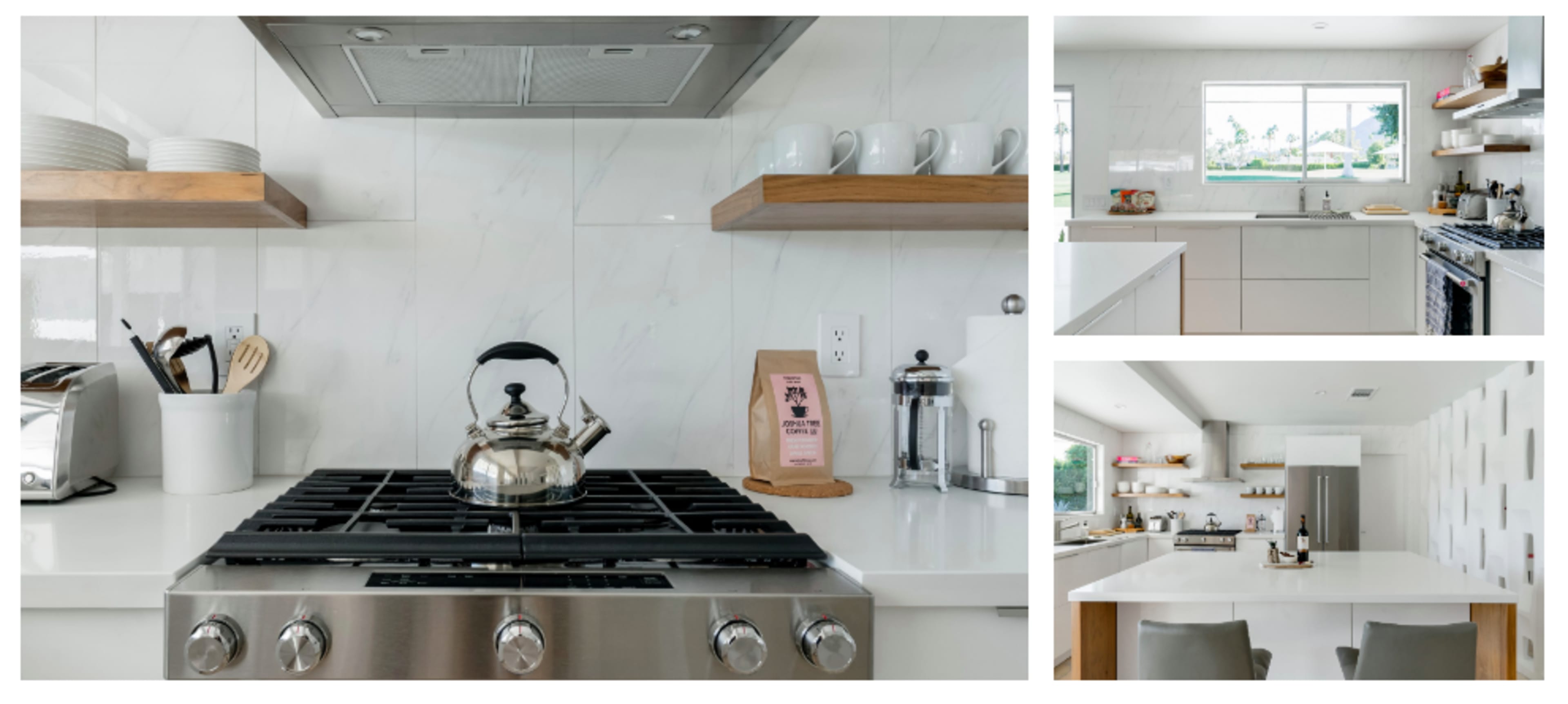 A modern kitchen featuring stainless steel appliances, white cabinetry, and open shelving displaying kitchenware.