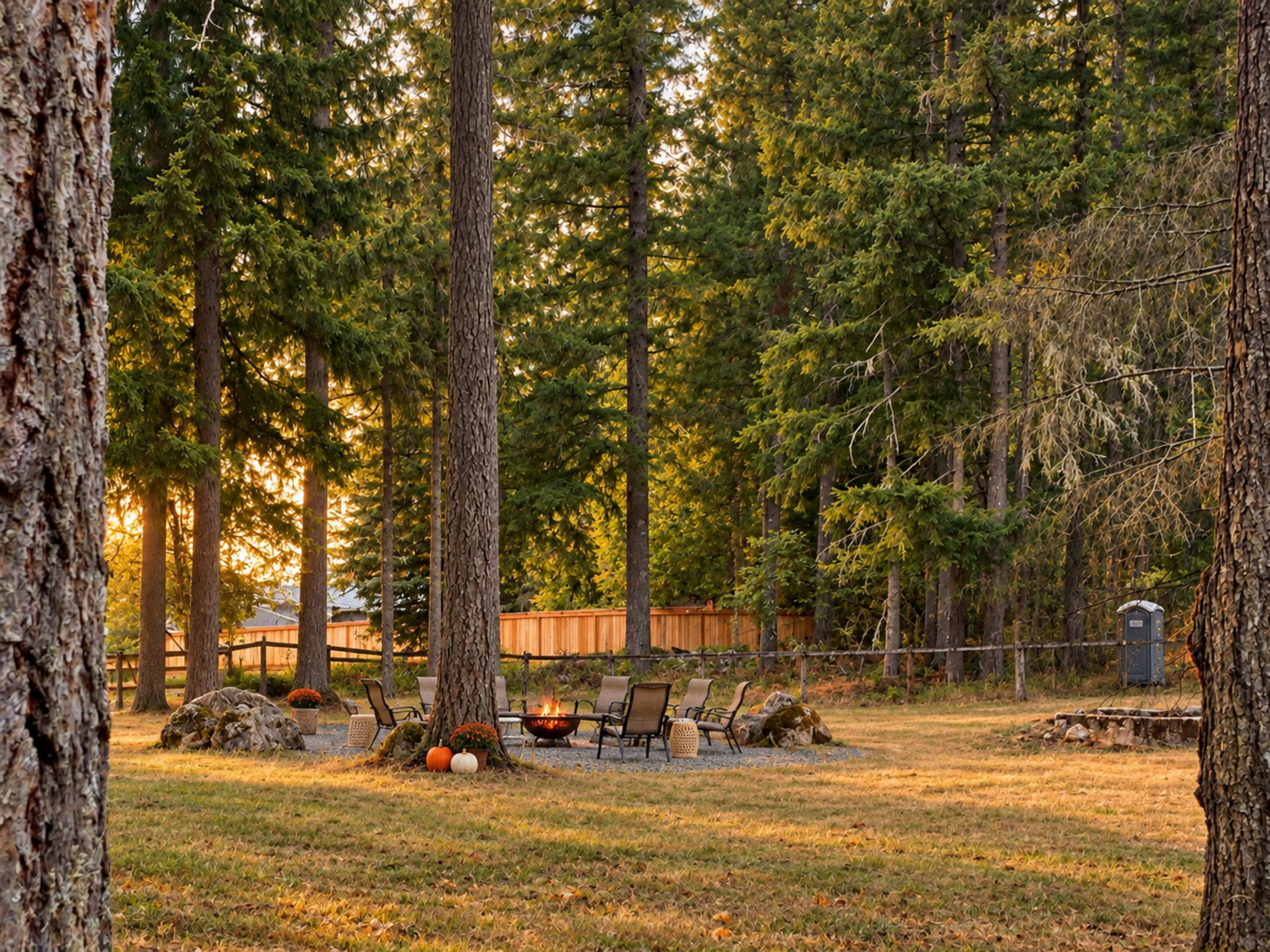 A fire pit surrounded by chairs and pumpkins is situated in a grassy area among tall trees at sunset.