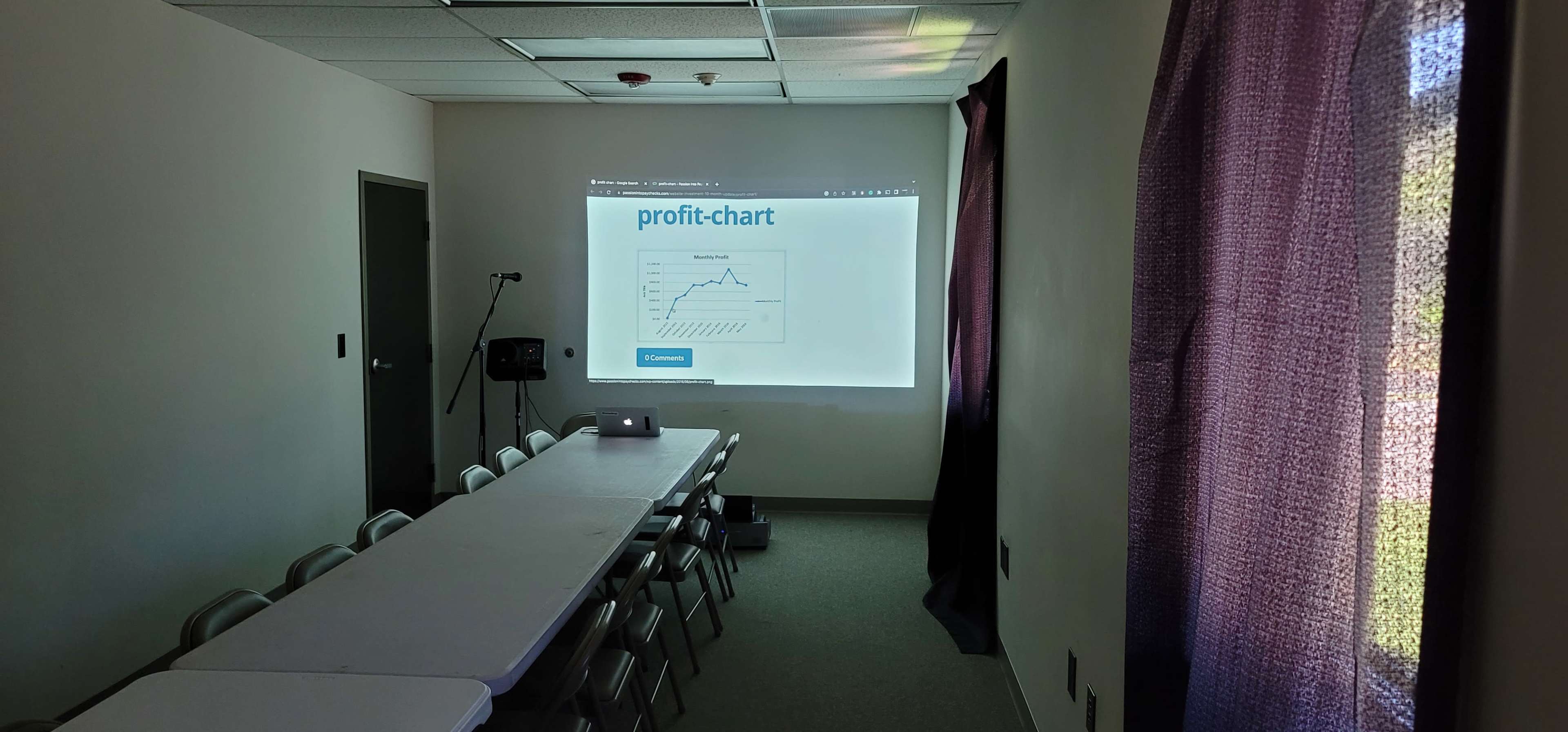 A conference room with a long table, chairs, and a projector displaying a profit chart on the wall.