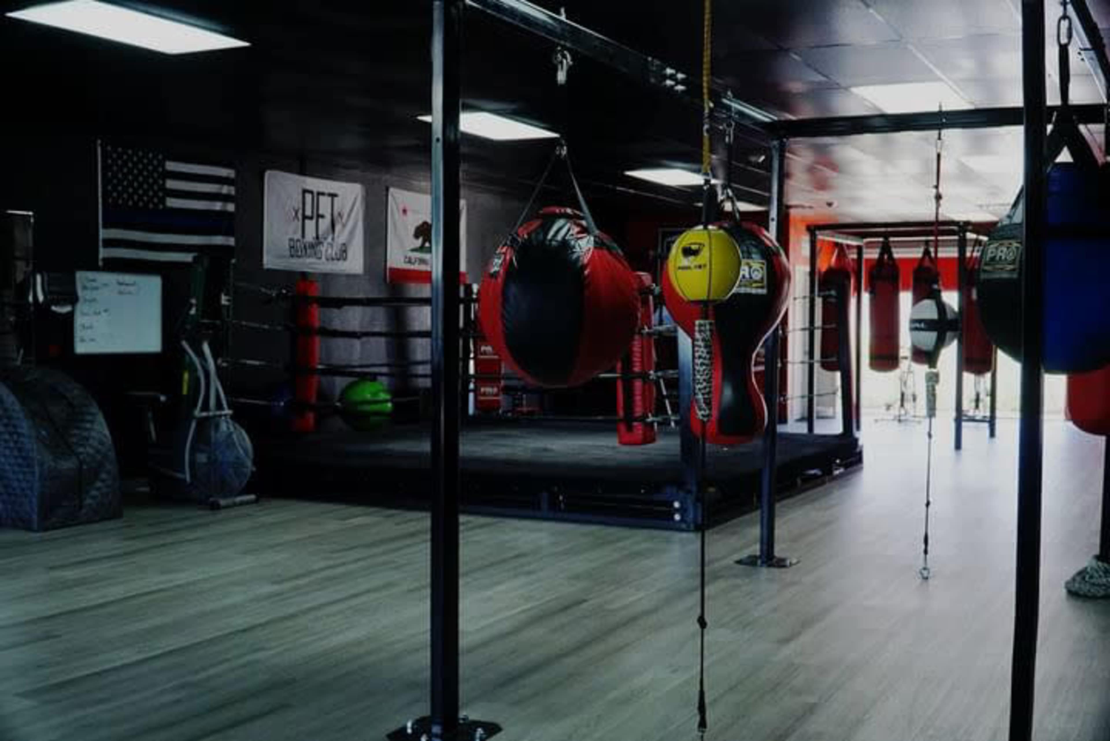 The image shows a boxing gym with various punching bags hanging from the ceiling and a boxing ring in the background, along with gym equipment on the floor.