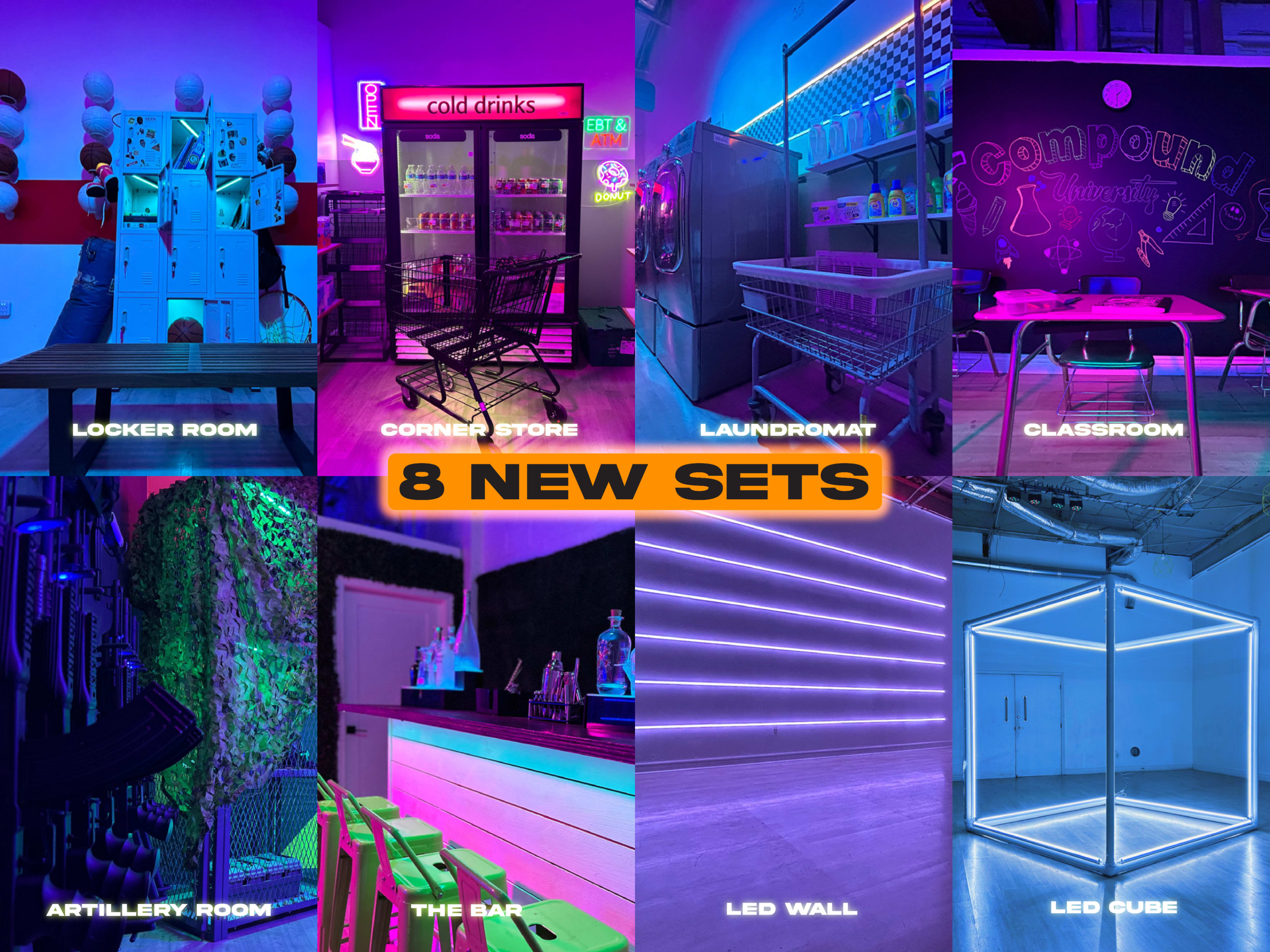 The image showcases eight distinct themed sets, including a locker room, corner store, laundromat, classroom, artillery room, bar, LED wall, and LED cube, each designed with unique lighting and decor elements.
