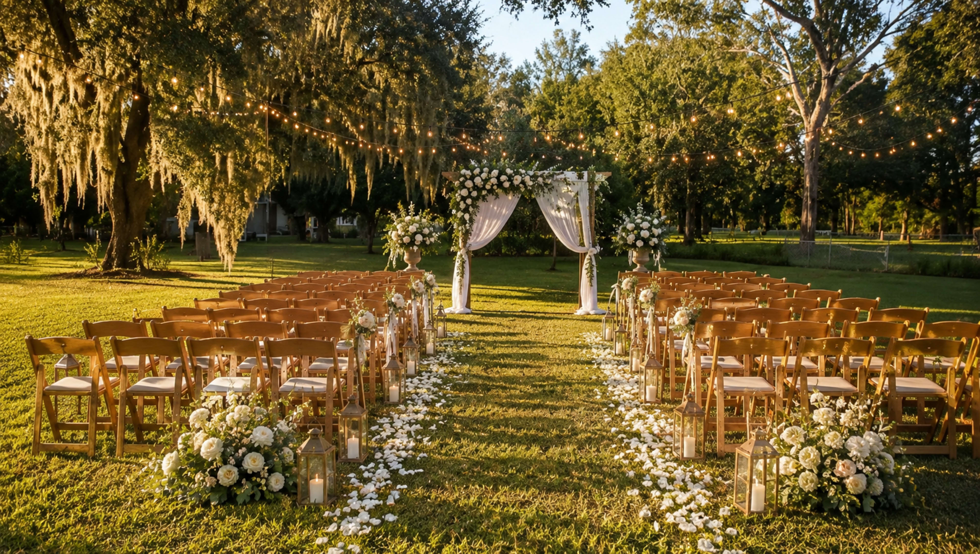 The image shows a beautifully arranged outdoor wedding ceremony setup with rows of wooden chairs, floral decorations along the aisle, and an arch adorned with drapes and flowers under string lights.
