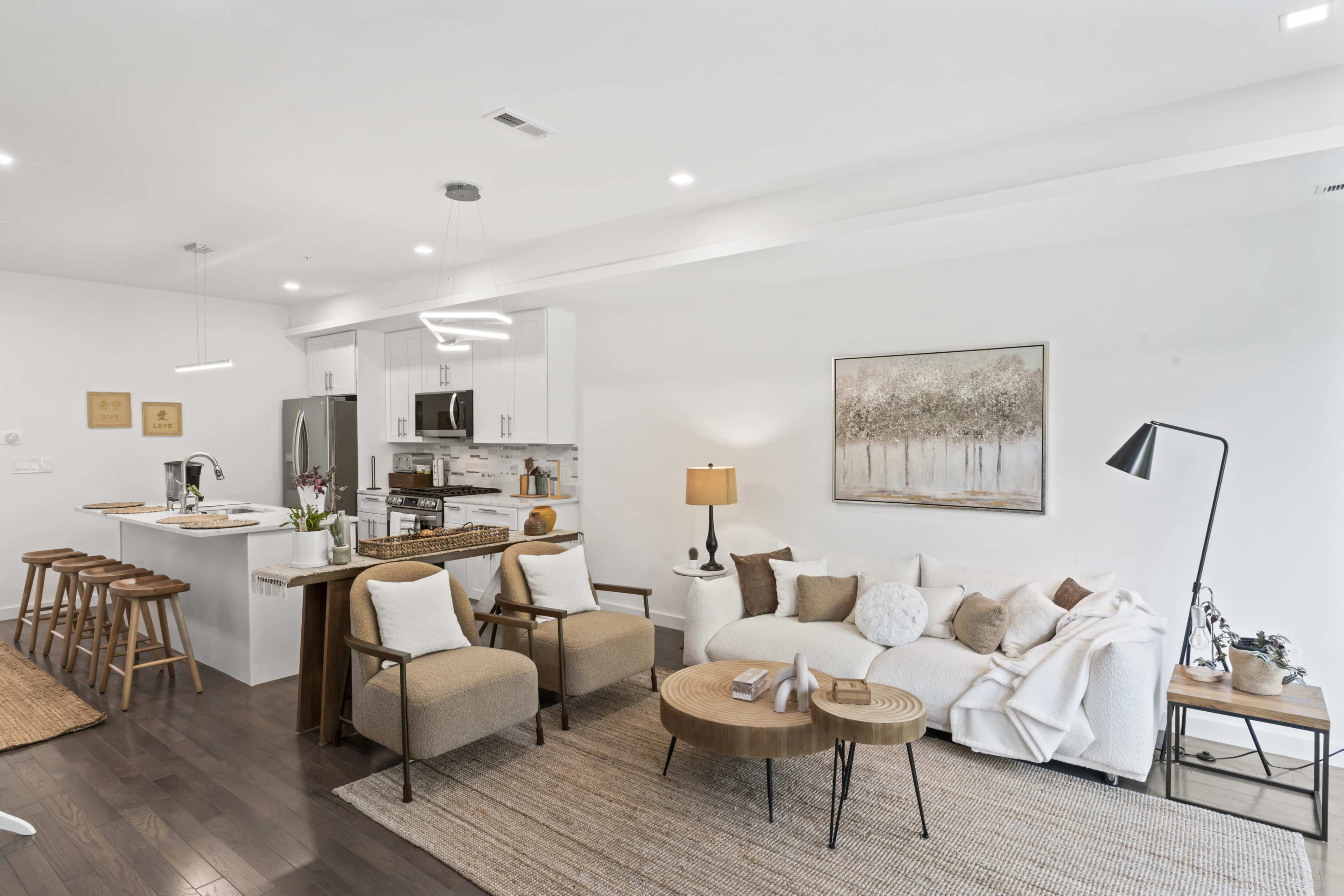 Fully furnished 3-bedroom apartment ideal for filming. Features stylish modern decor, natural light, spacious living areas, and a functional kitchen. Versatile layout perfect for a variety of scenes. Ready for cast and crew use. Image in Northeast Washington, Washington, DC