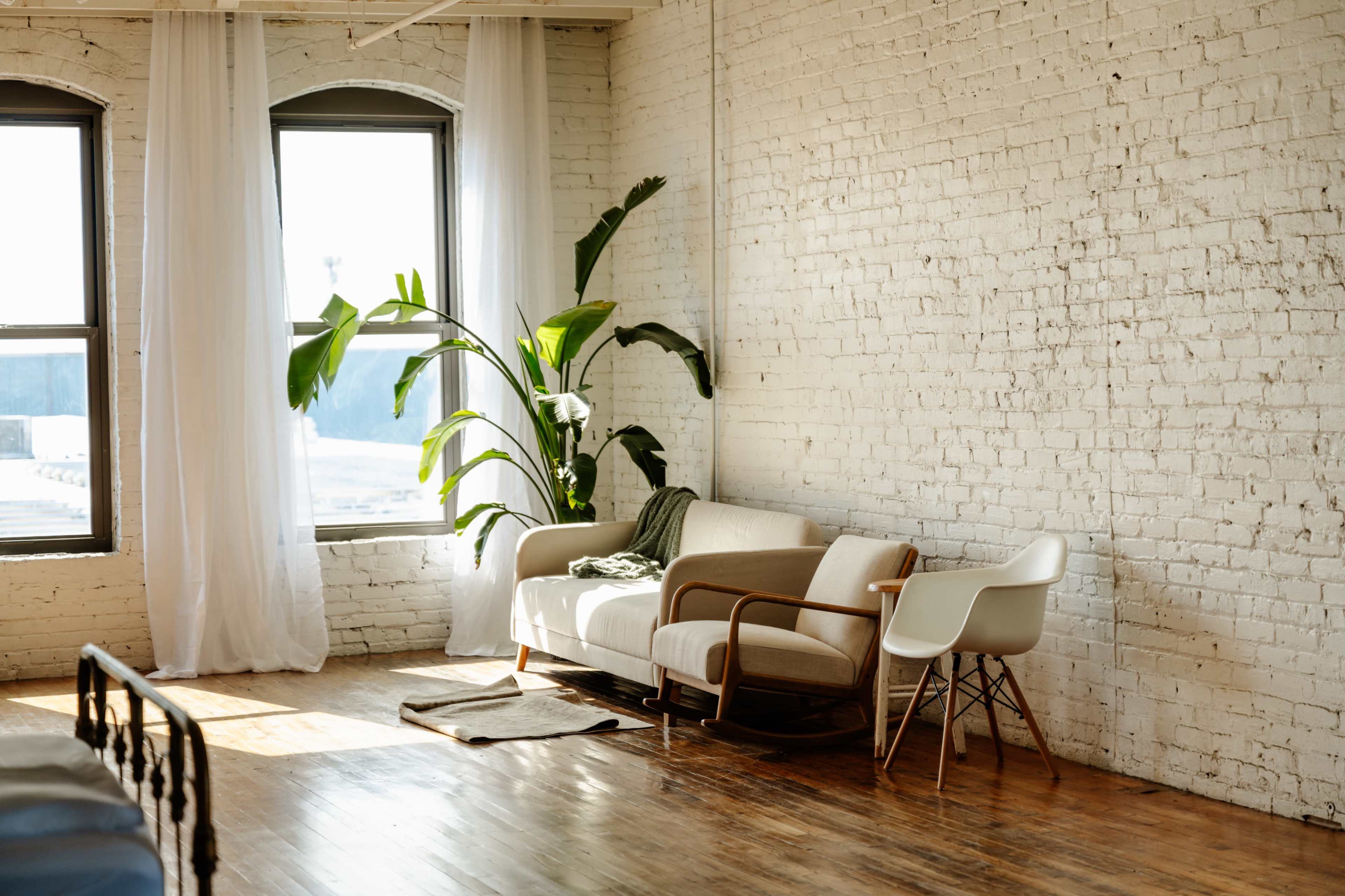 A bright room features a light-colored sofa, an armchair, and large windows with sheer curtains, alongside a potted plant and wooden flooring.