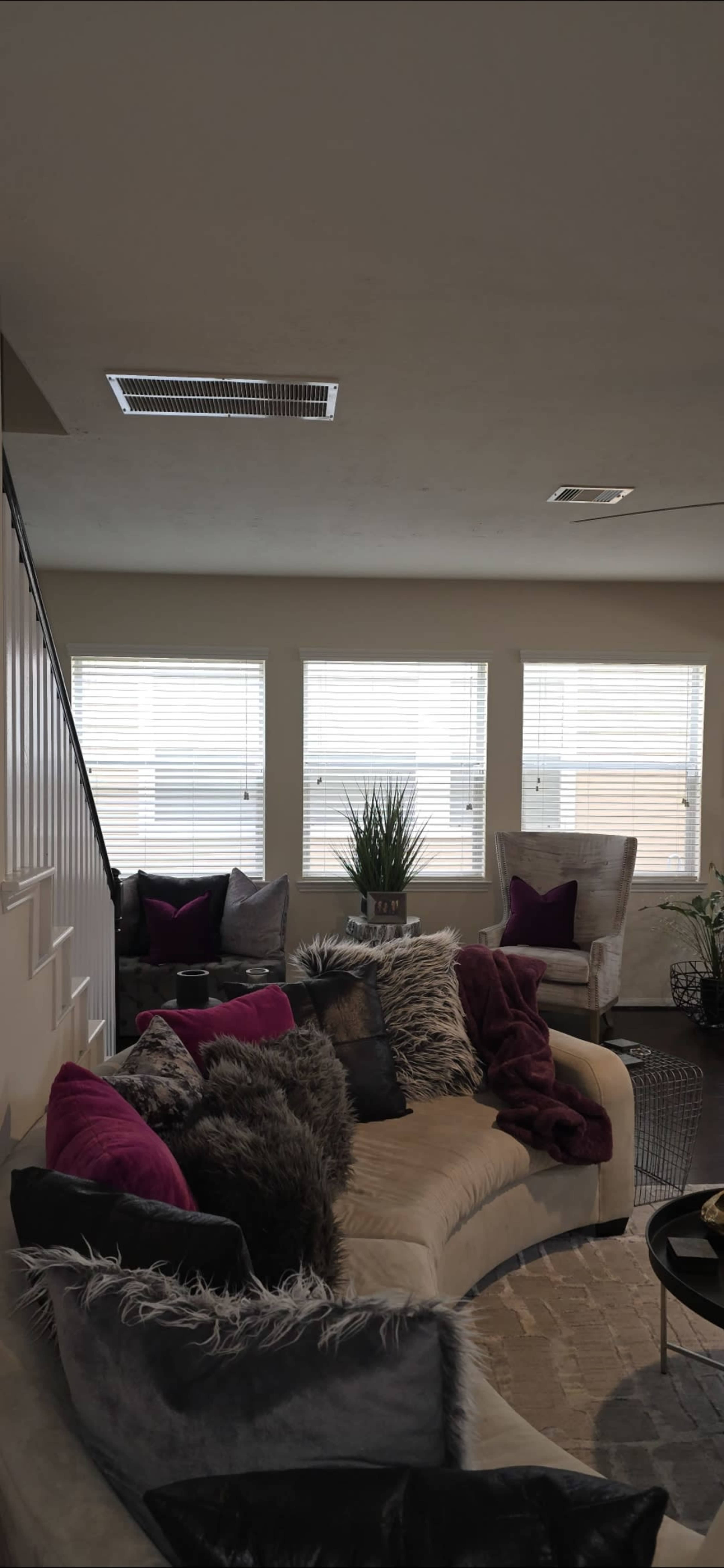 A living room with a sectional sofa, several chairs, and plants, illuminated by natural light coming through multiple windows.