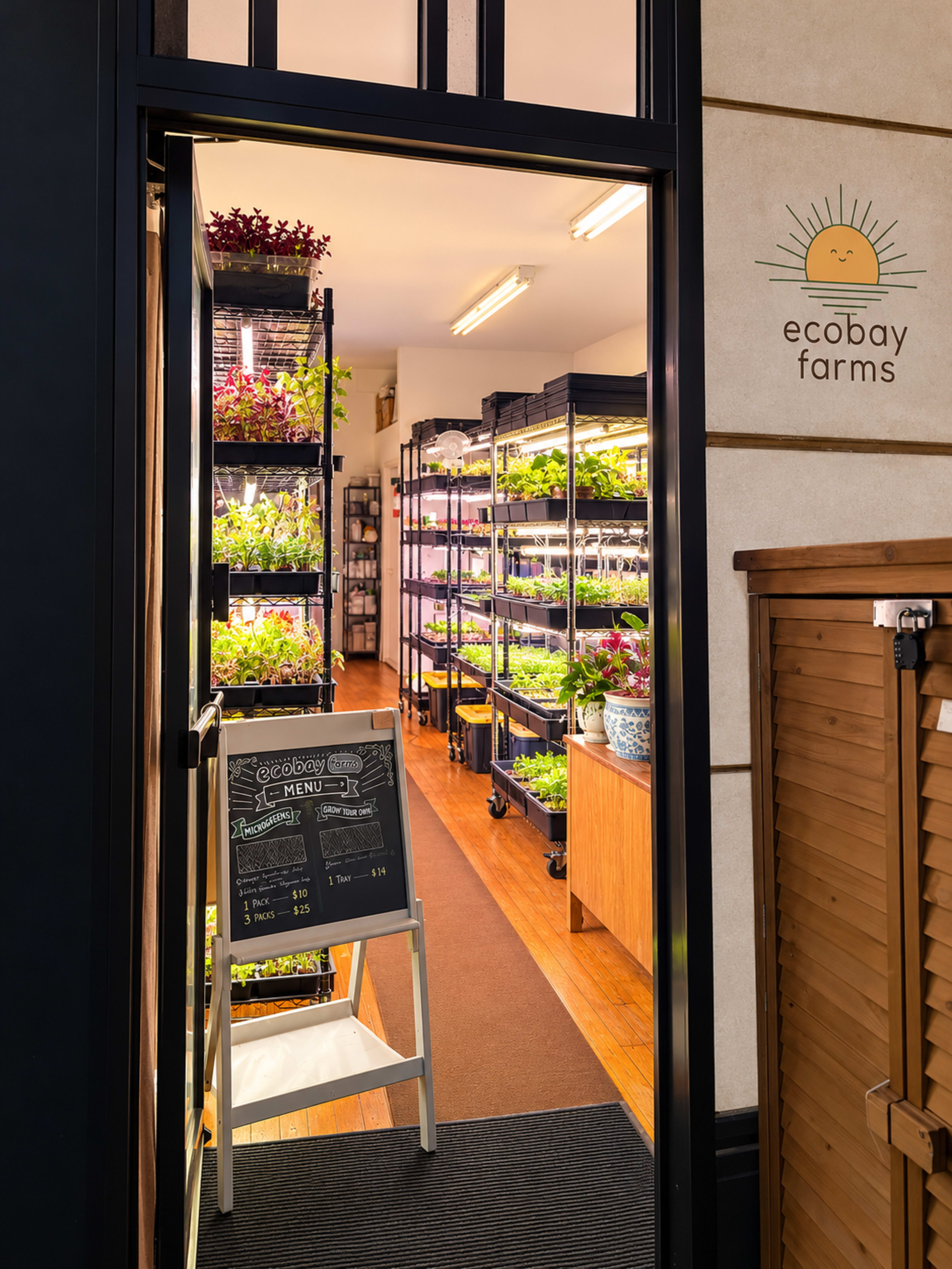 The image shows a doorway leading into a bright indoor plant shop filled with shelves of greenery and a chalkboard menu displayed at the entrance.