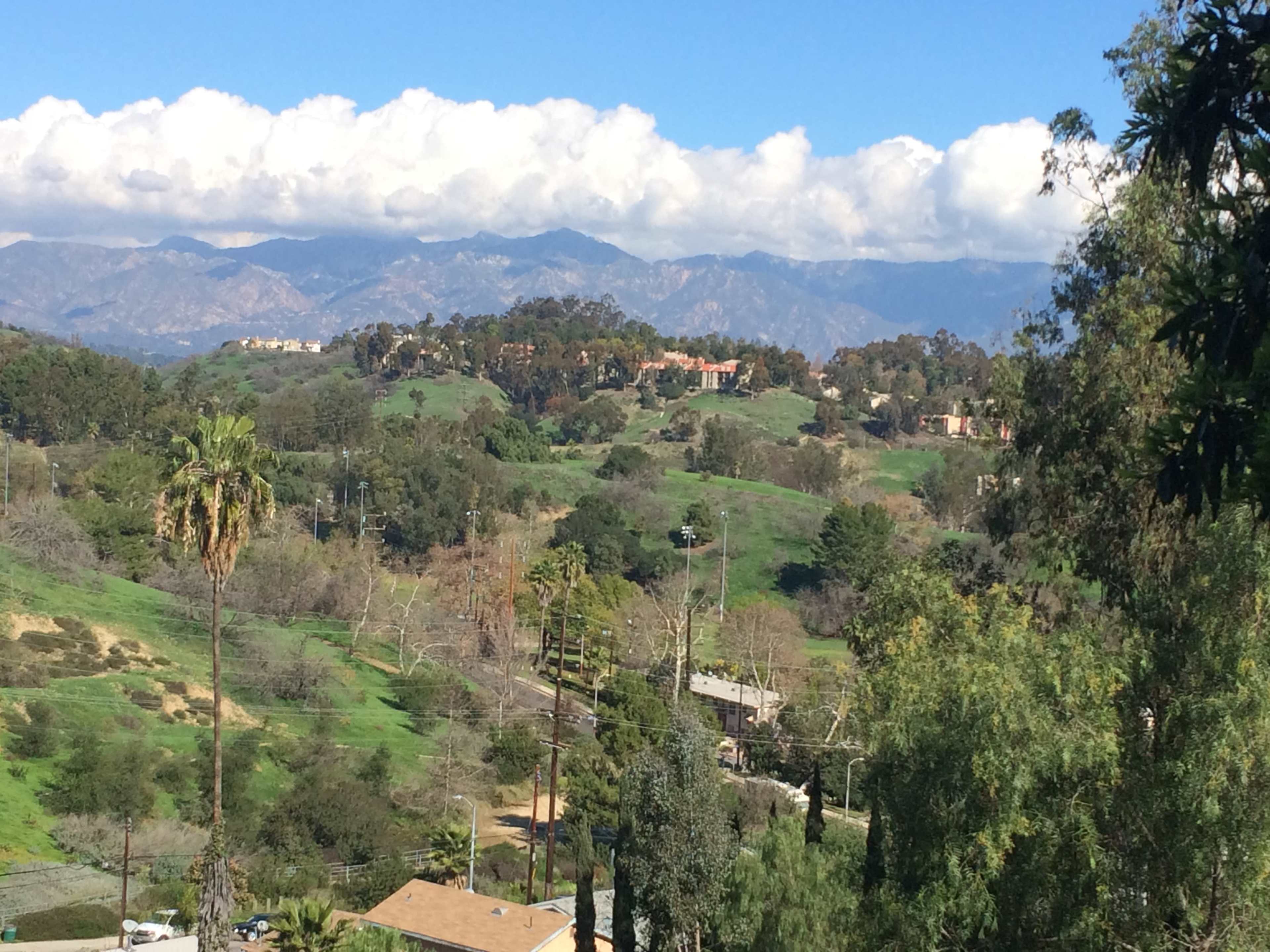 A hilly landscape with green vegetation, scattered trees, and distant mountains under a partly cloudy sky.