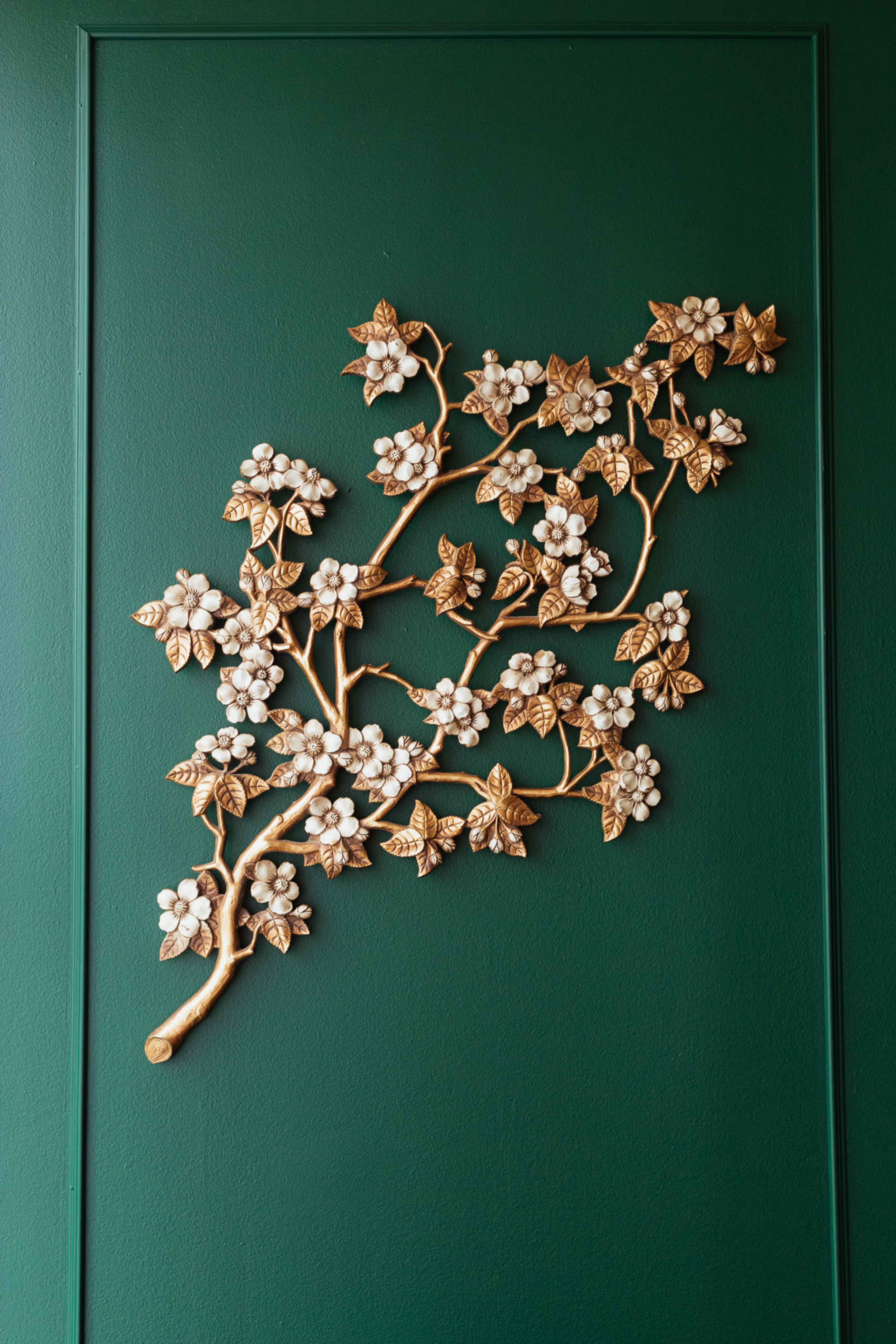 A decorative gold and white floral sculpture is mounted on a dark green wall.