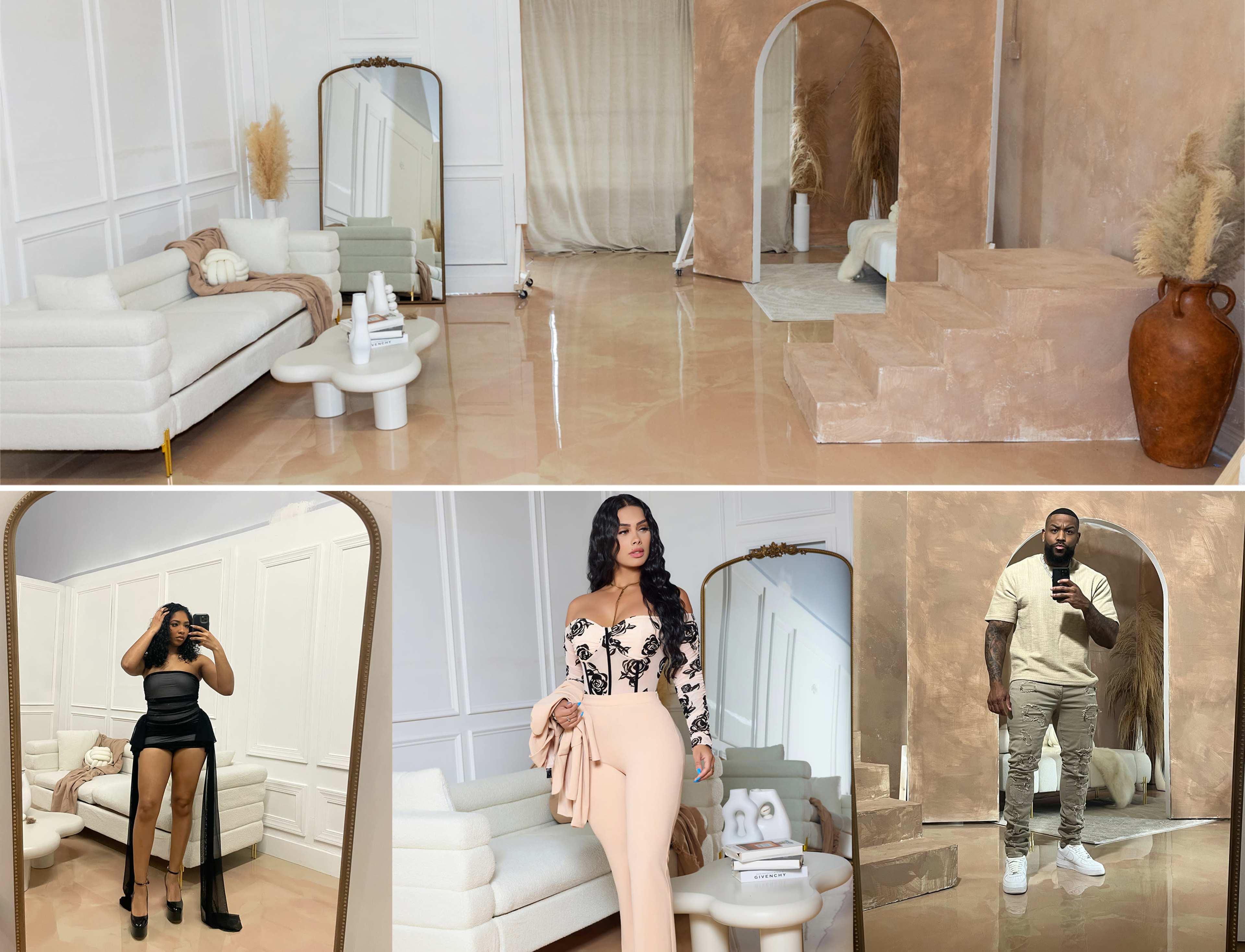 The image features a modern interior with a minimalist design, showcasing two different scenes: one with a model in a fashionable outfit and another with a person in a casual outfit, both posing against stylish backdrops.