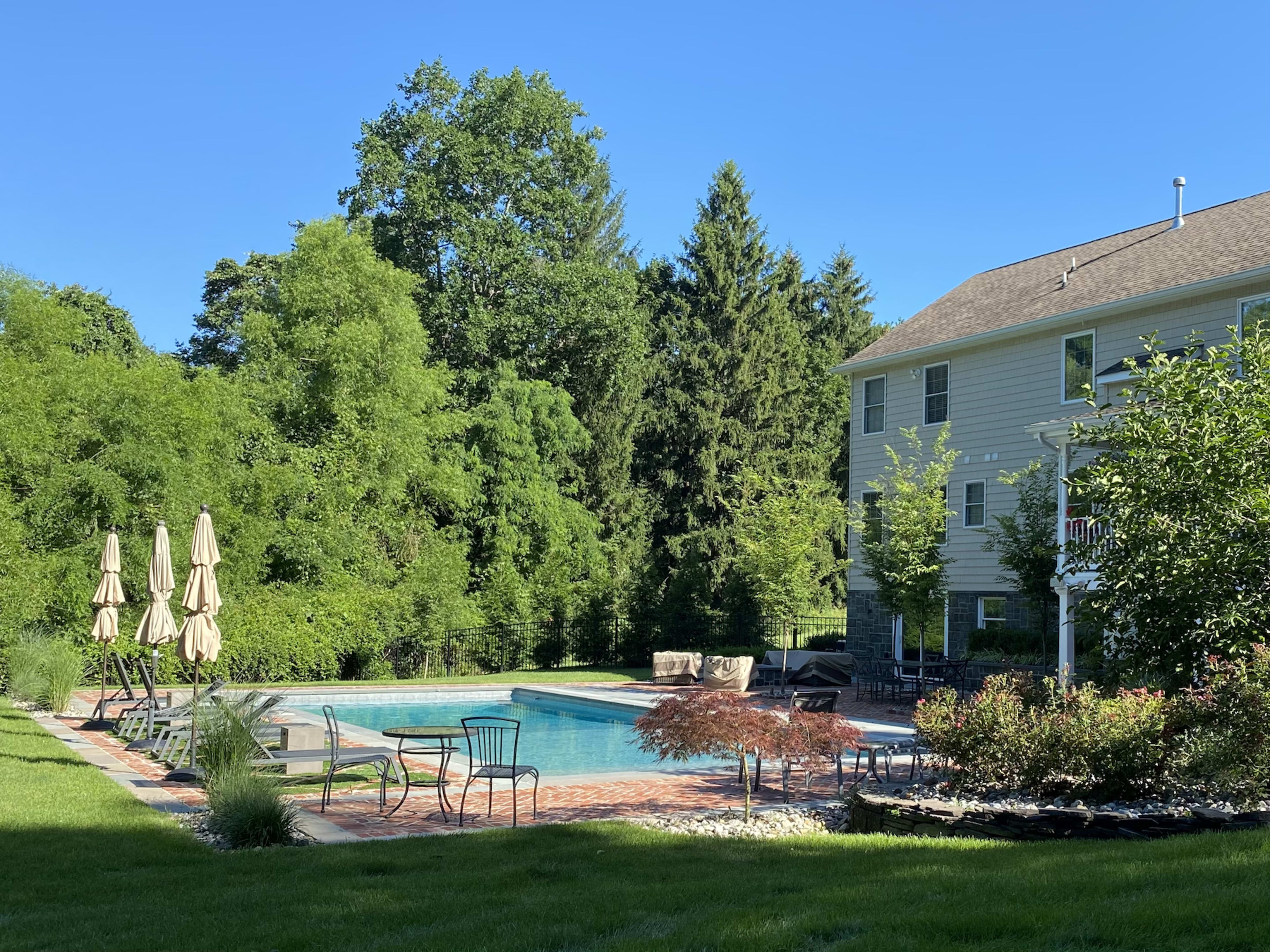 A residential backyard with a swimming pool, surrounded by green trees and patio furniture.