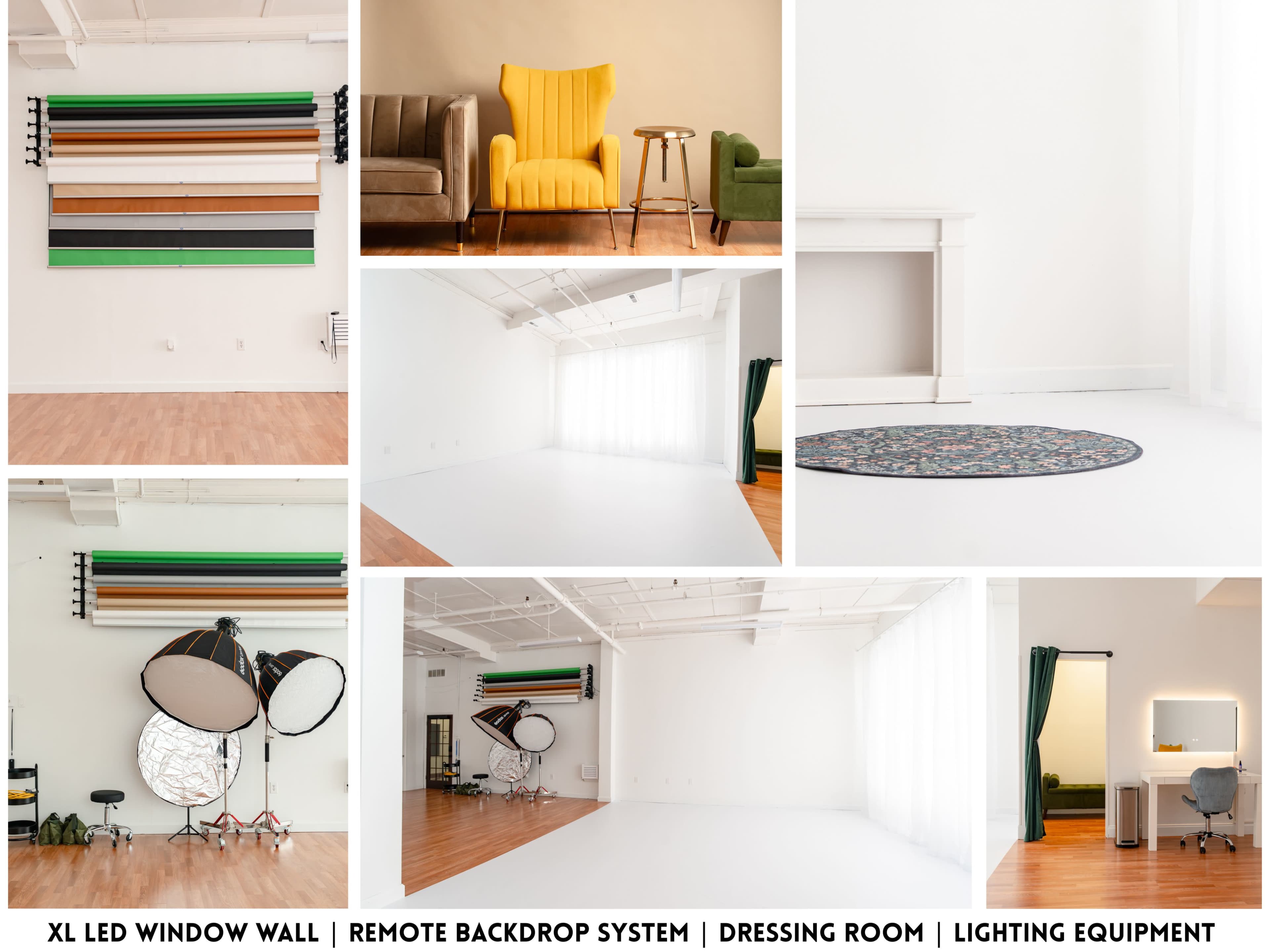 The image showcases a spacious studio with a large LED window wall, a remote backdrop system, a dressing room with a mirror, and various lighting equipment arranged around a neatly styled area.