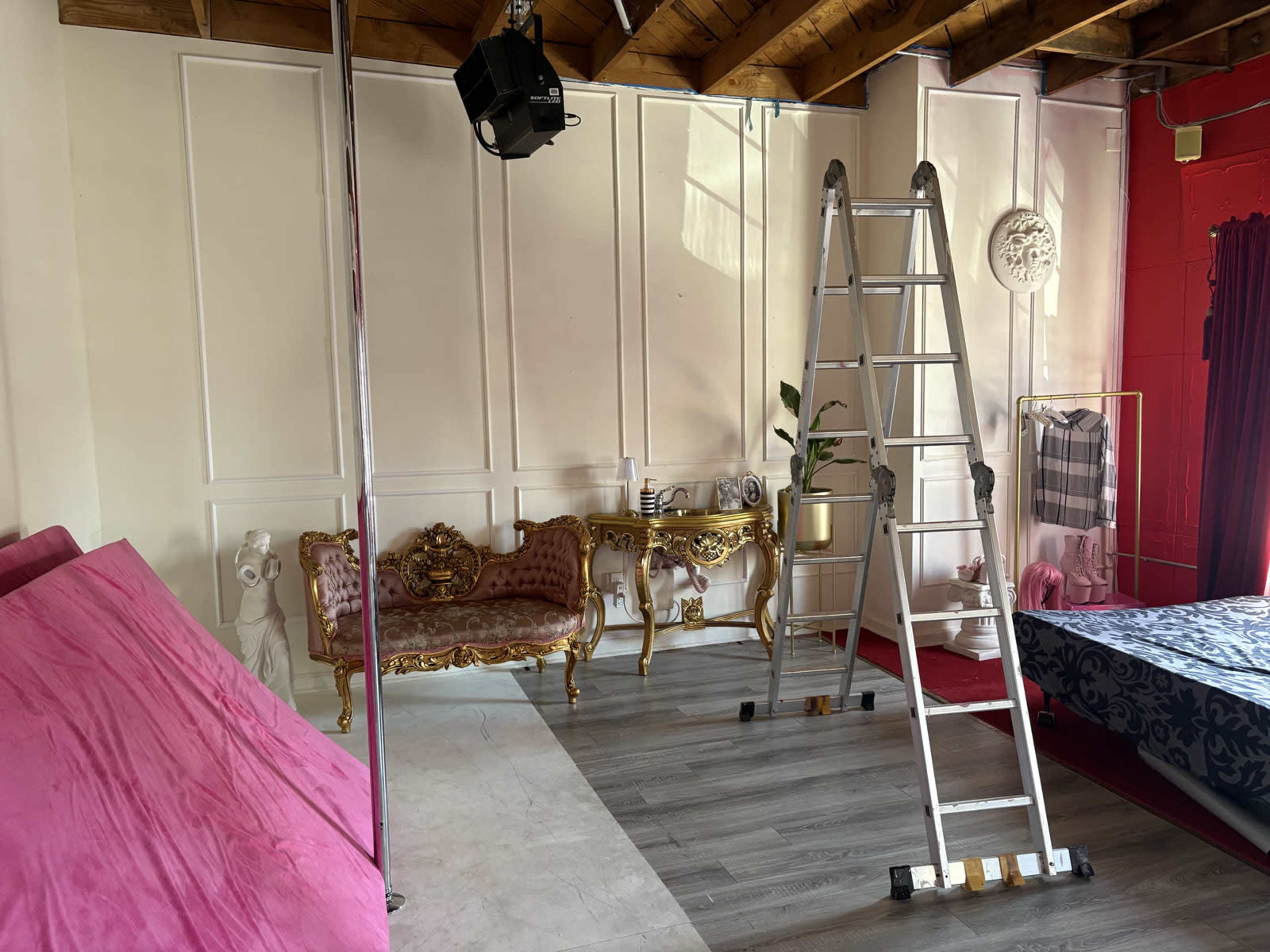 The image shows an interior space with a pink sofa, a ladder, and a bed, along with decorative elements on the walls.